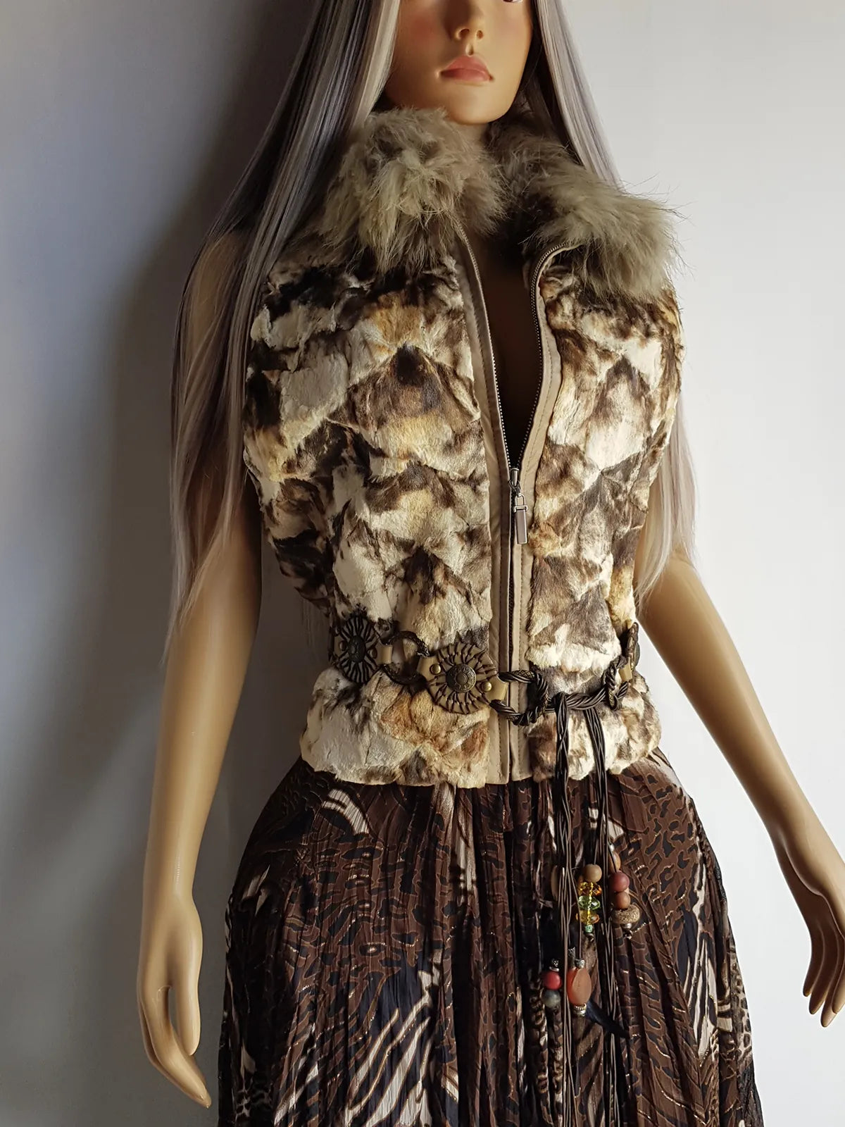 90s Vintage Brown & Cream Fur Vest with Incredible Fluffy Fox Fur Collar - Fully Lined - Chunky Heavy Zip Hardware