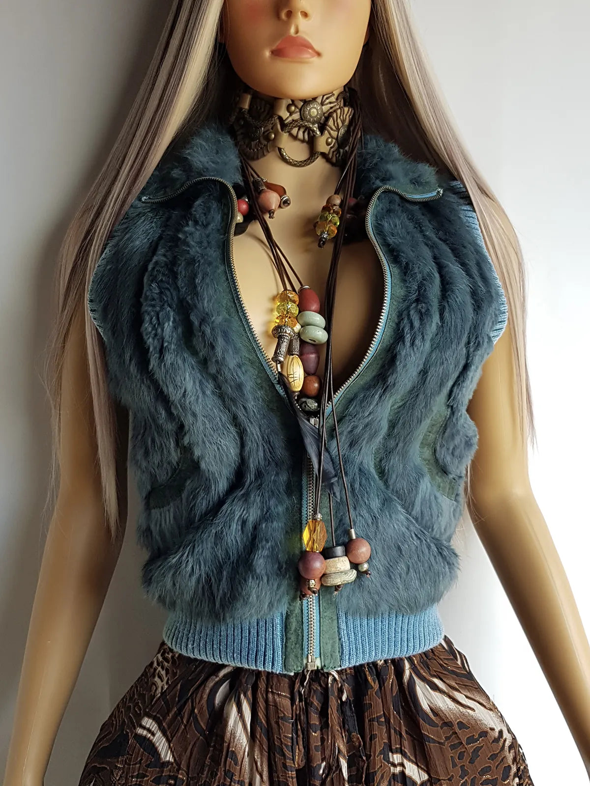 90s Vintage Green Fur Vest in 100% Genuine Rabbit Fur - Fully Lined - Chunky Heavy Zip Hardware & knit accents