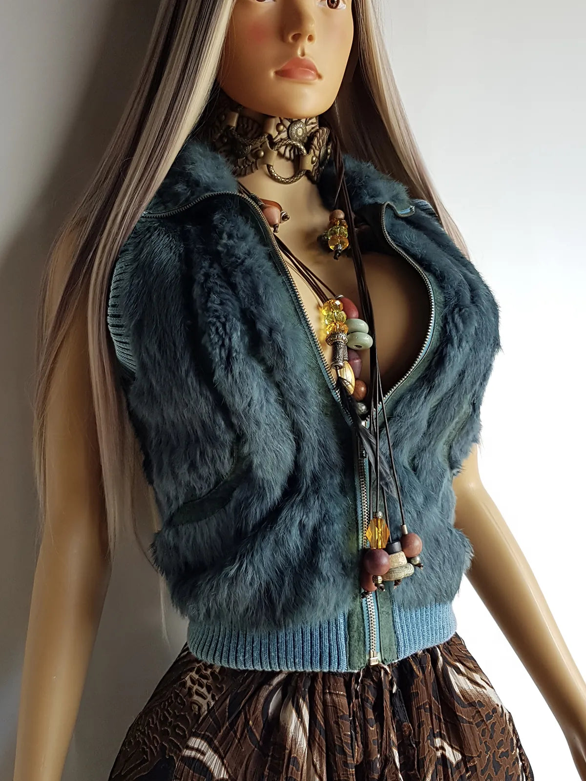 90s Vintage Green Fur Vest in 100% Genuine Rabbit Fur - Fully Lined - Chunky Heavy Zip Hardware & knit accents