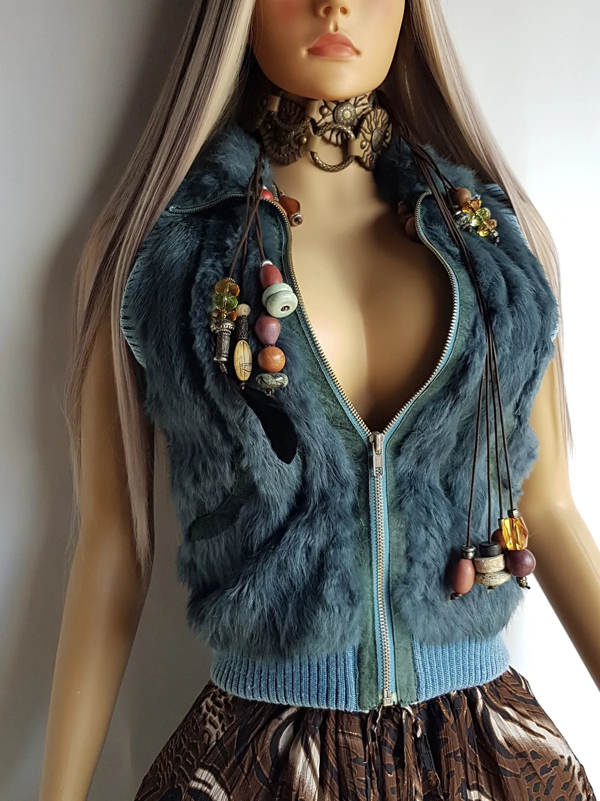 90s Vintage Green Fur Vest in 100% Genuine Rabbit Fur - Fully Lined - Chunky Heavy Zip Hardware & knit accents
