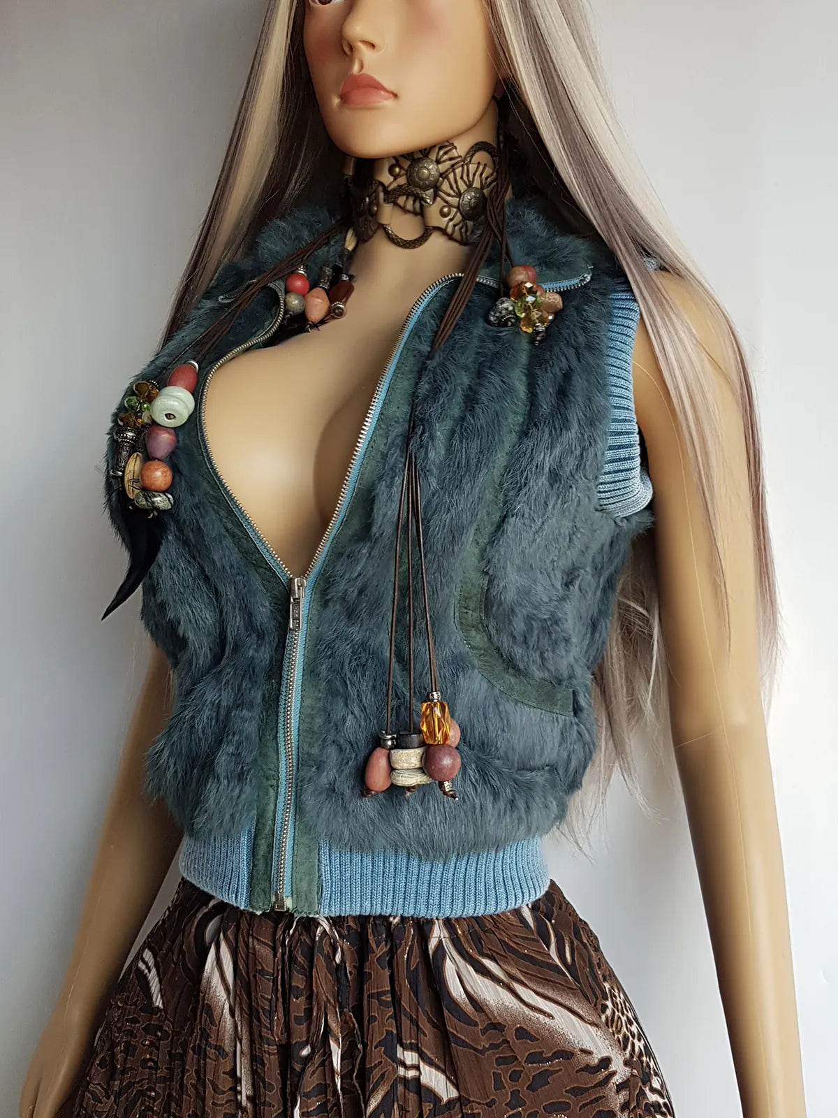 90s Vintage Green Fur Vest in 100% Genuine Rabbit Fur - Fully Lined - Chunky Heavy Zip Hardware & knit accents