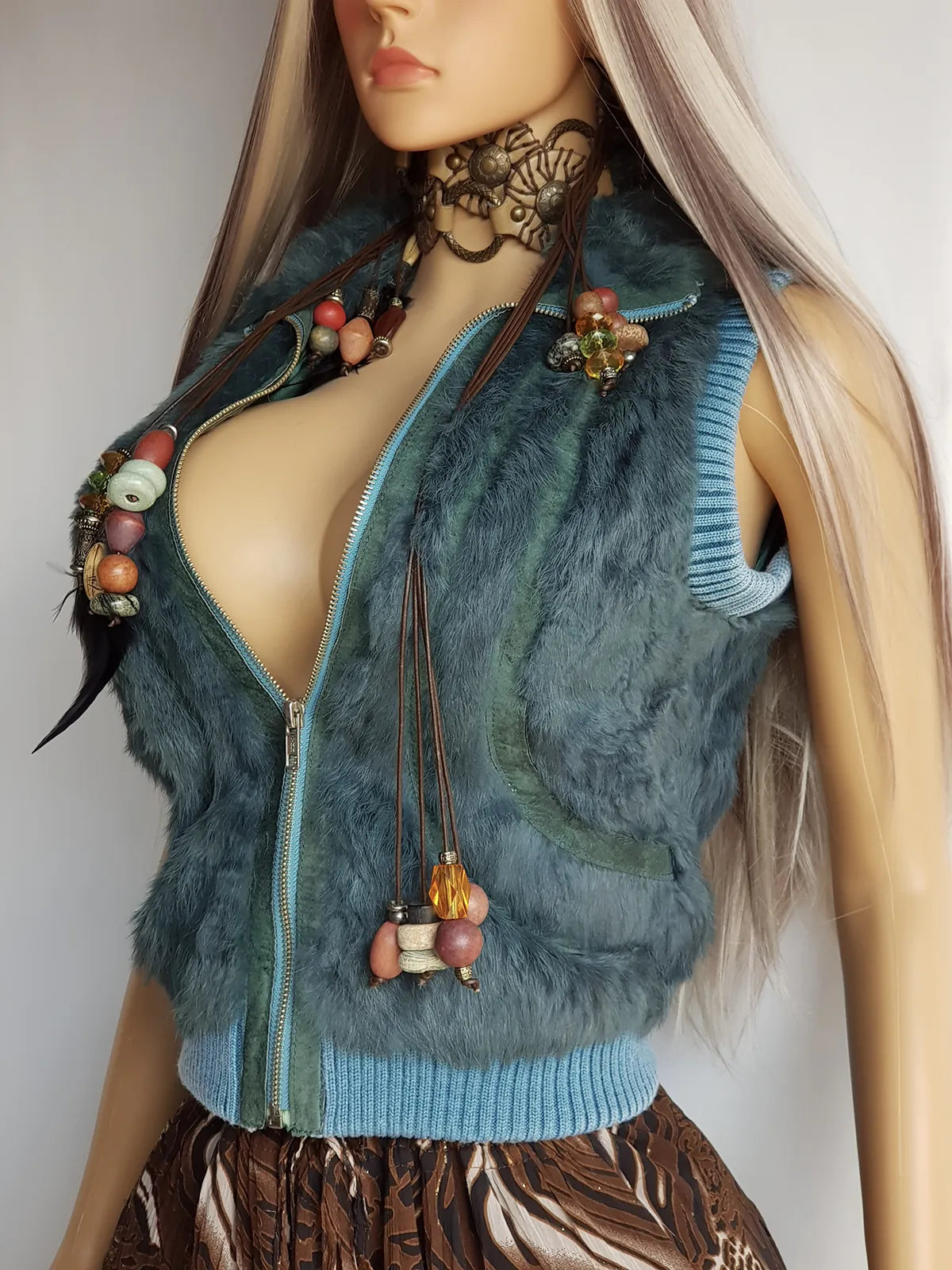 90s Vintage Green Fur Vest in 100% Genuine Rabbit Fur - Fully Lined - Chunky Heavy Zip Hardware & knit accents