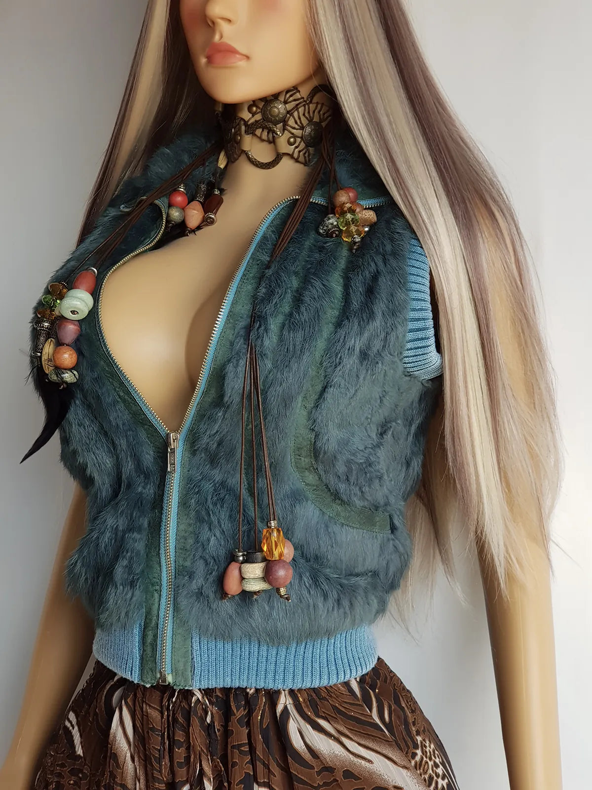 90s Vintage Green Fur Vest in 100% Genuine Rabbit Fur - Fully Lined - Chunky Heavy Zip Hardware & knit accents