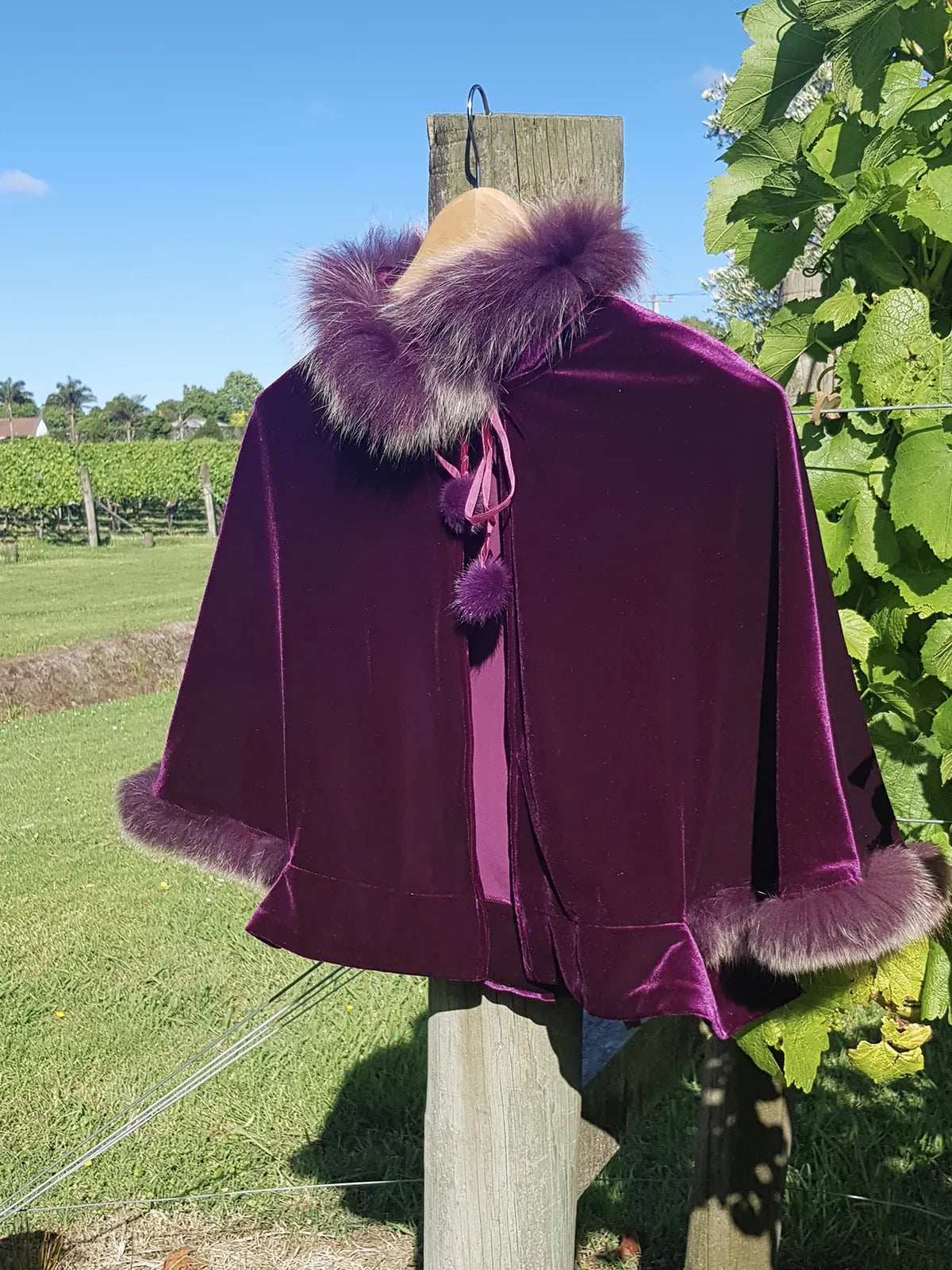 Sumptuous Rich 90s Purple Vintage Velvet Cape with real fox fur trim - Ribbon & Pom Poms tie at the neck