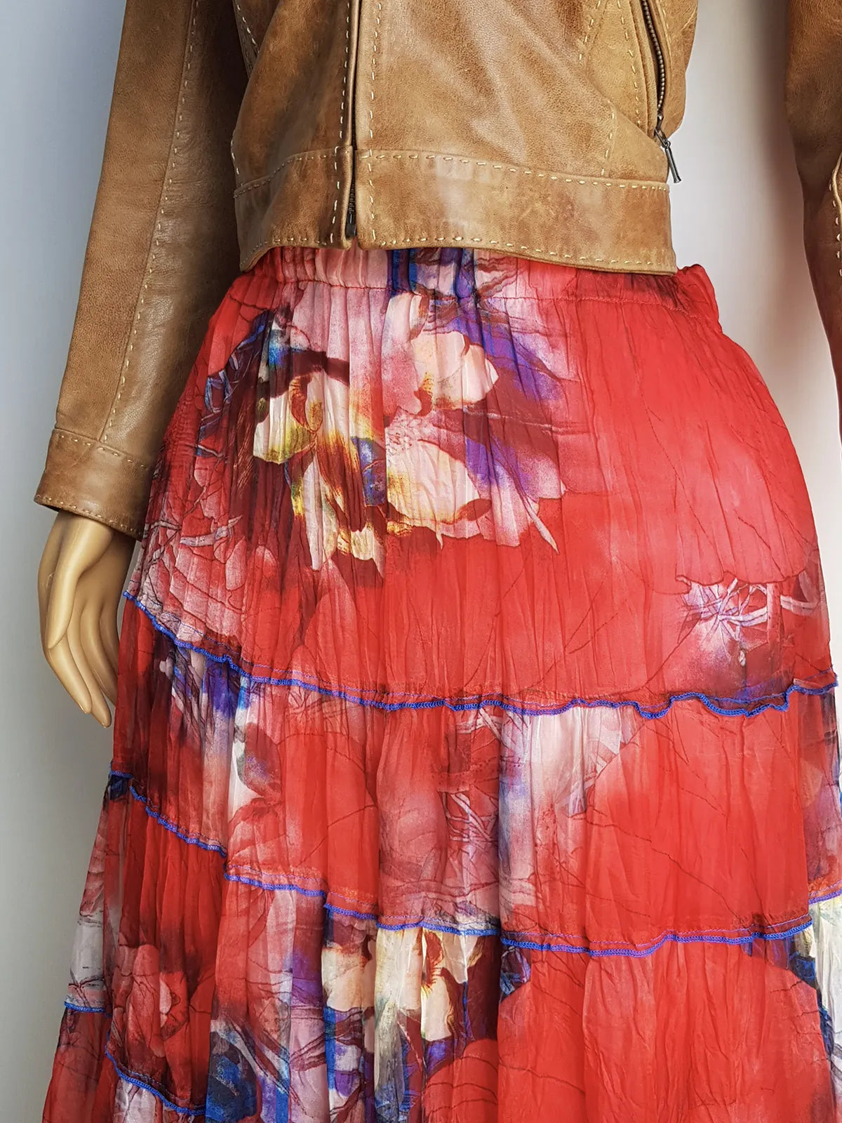 1990s Sexy Bohemian Rockstar Vintage Frothy Maxi Skirt / Dress - Floaty Crinkle Fabric - Insane Crimson Print - 5 Tiered with Pleating - Double Layered Stretch Waist