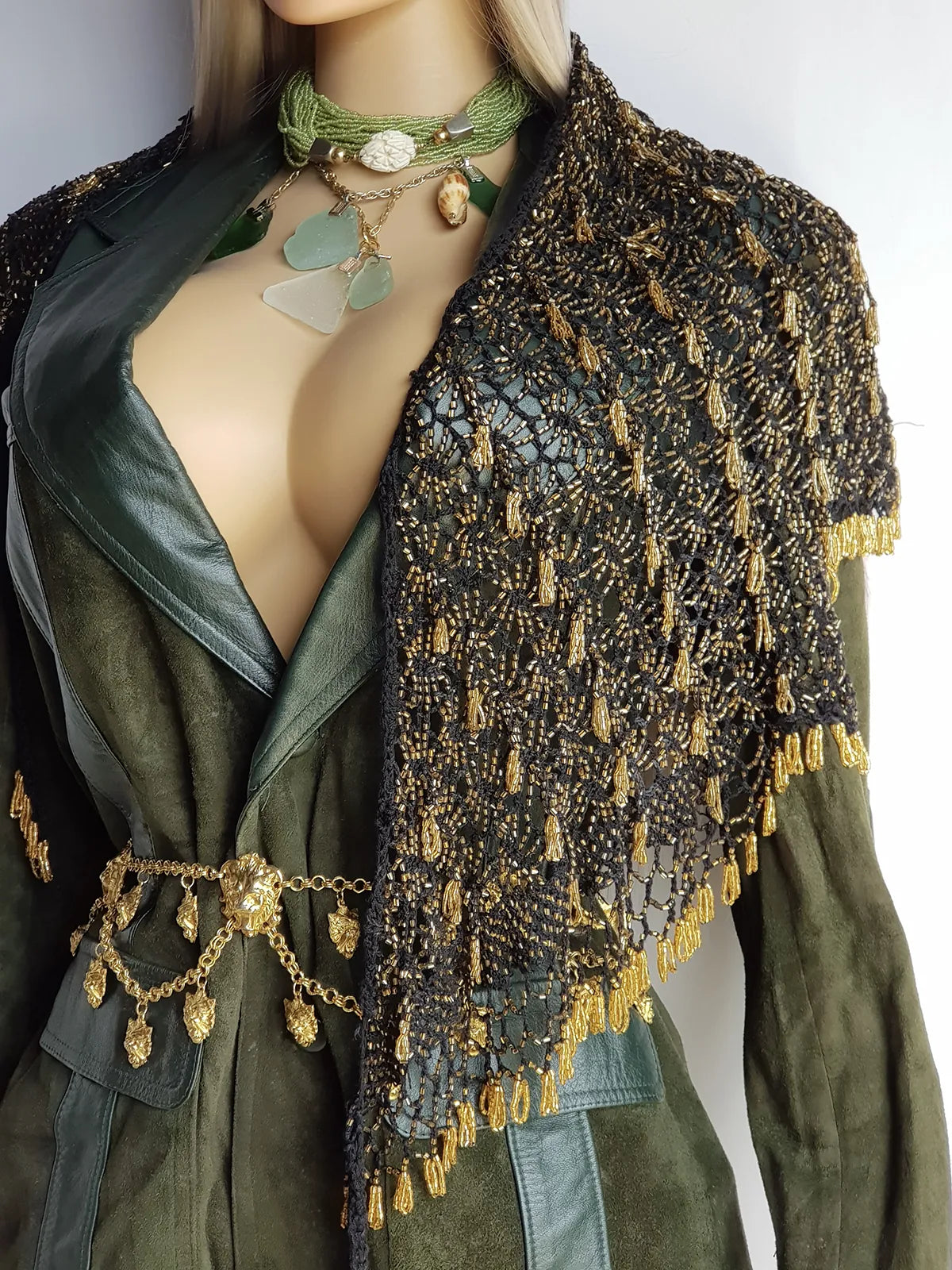 Insane 1970s Handmade Crochet Beaded Party Top / Skirt / Wrap - Tie at neck - Studio 54 - Black Crochet & Gold Beading