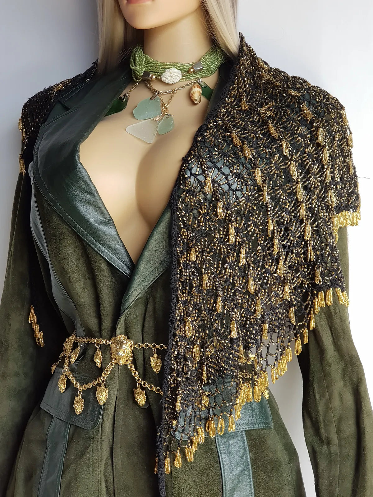 Insane 1970s Handmade Crochet Beaded Party Top / Skirt / Wrap - Tie at neck - Studio 54 - Black Crochet & Gold Beading