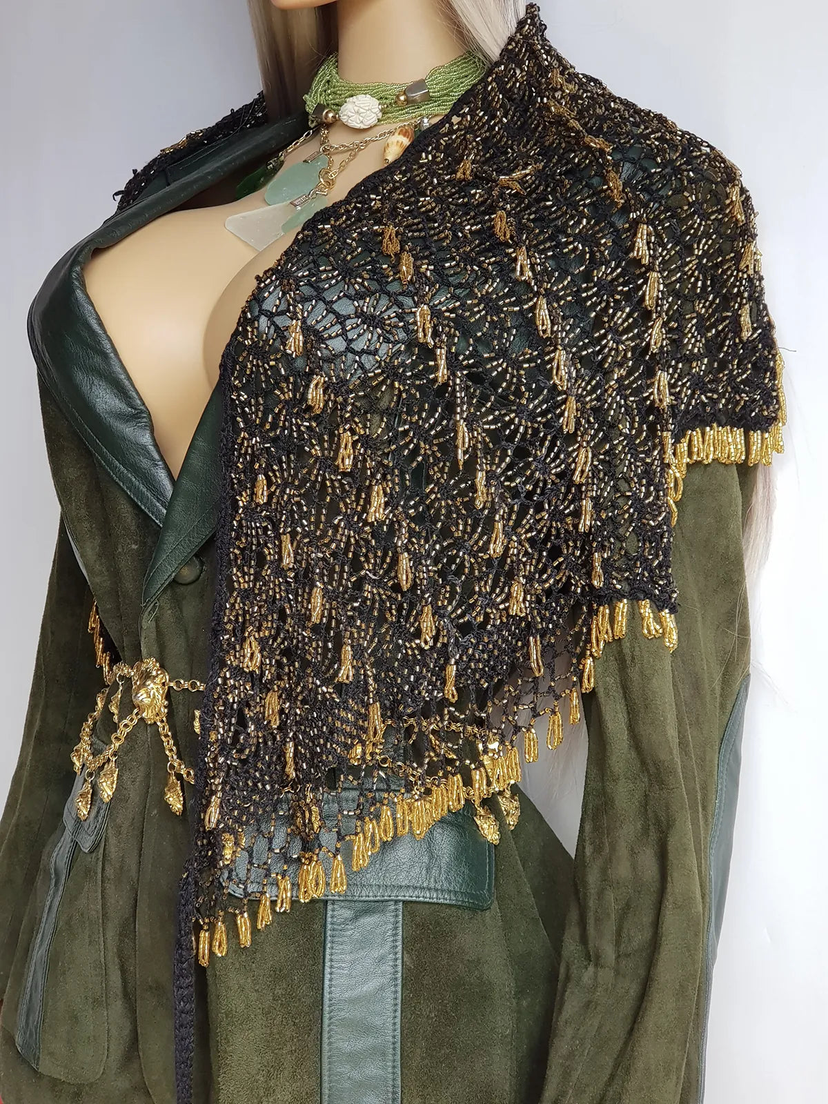 Insane 1970s Handmade Crochet Beaded Party Top / Skirt / Wrap - Tie at neck - Studio 54 - Black Crochet & Gold Beading