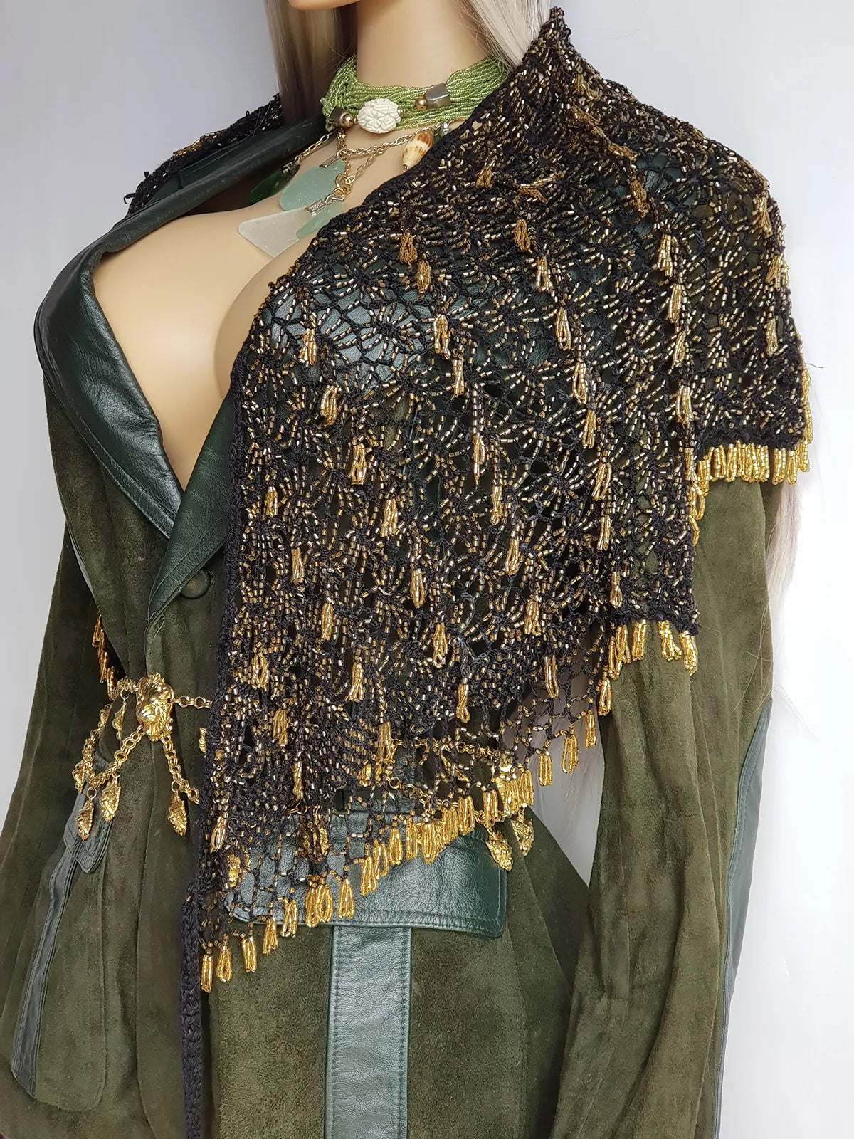 Insane 1970s Handmade Crochet Beaded Party Top / Skirt / Wrap - Tie at neck - Studio 54 - Black Crochet & Gold Beading