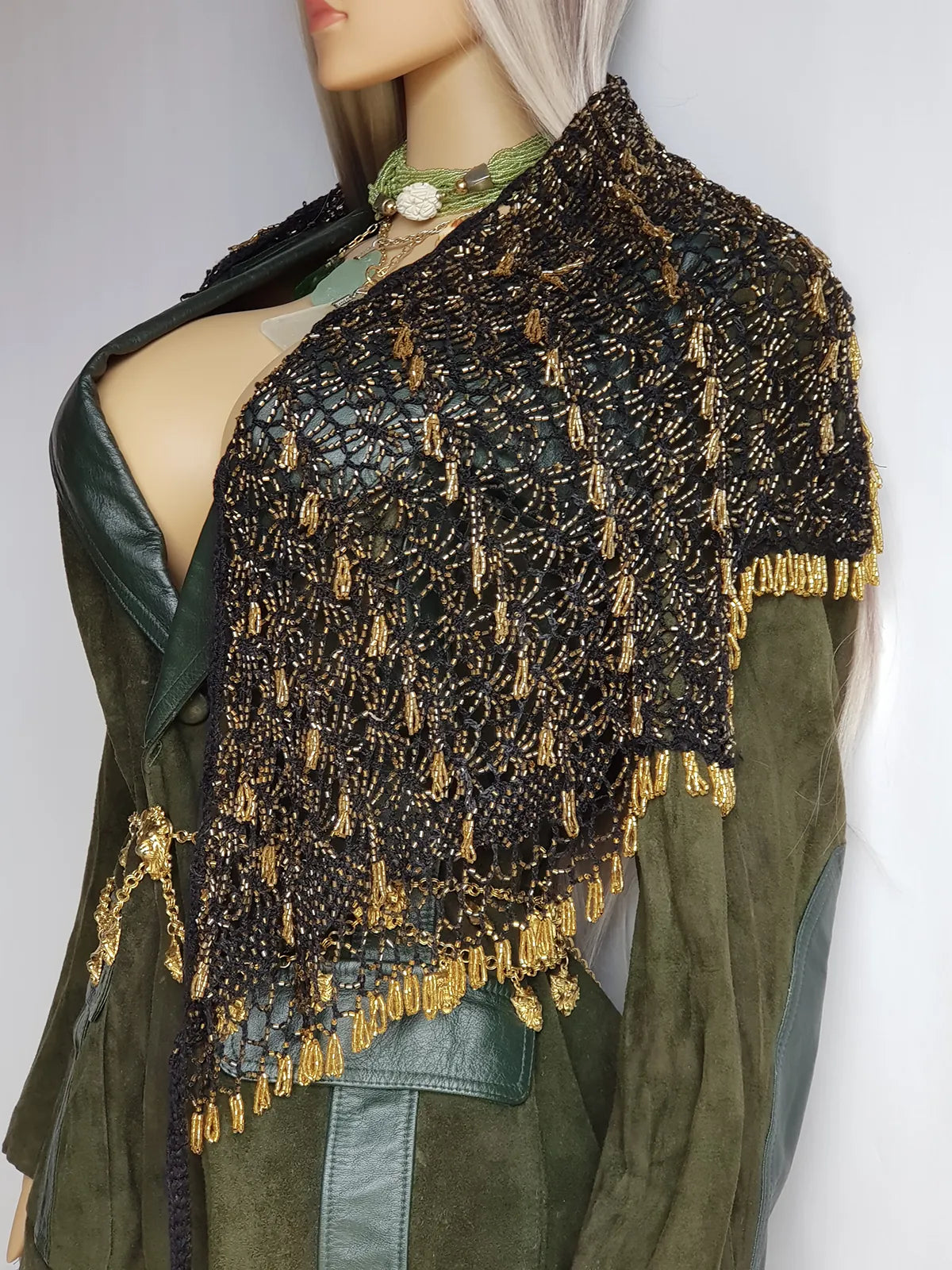 Insane 1970s Handmade Crochet Beaded Party Top / Skirt / Wrap - Tie at neck - Studio 54 - Black Crochet & Gold Beading