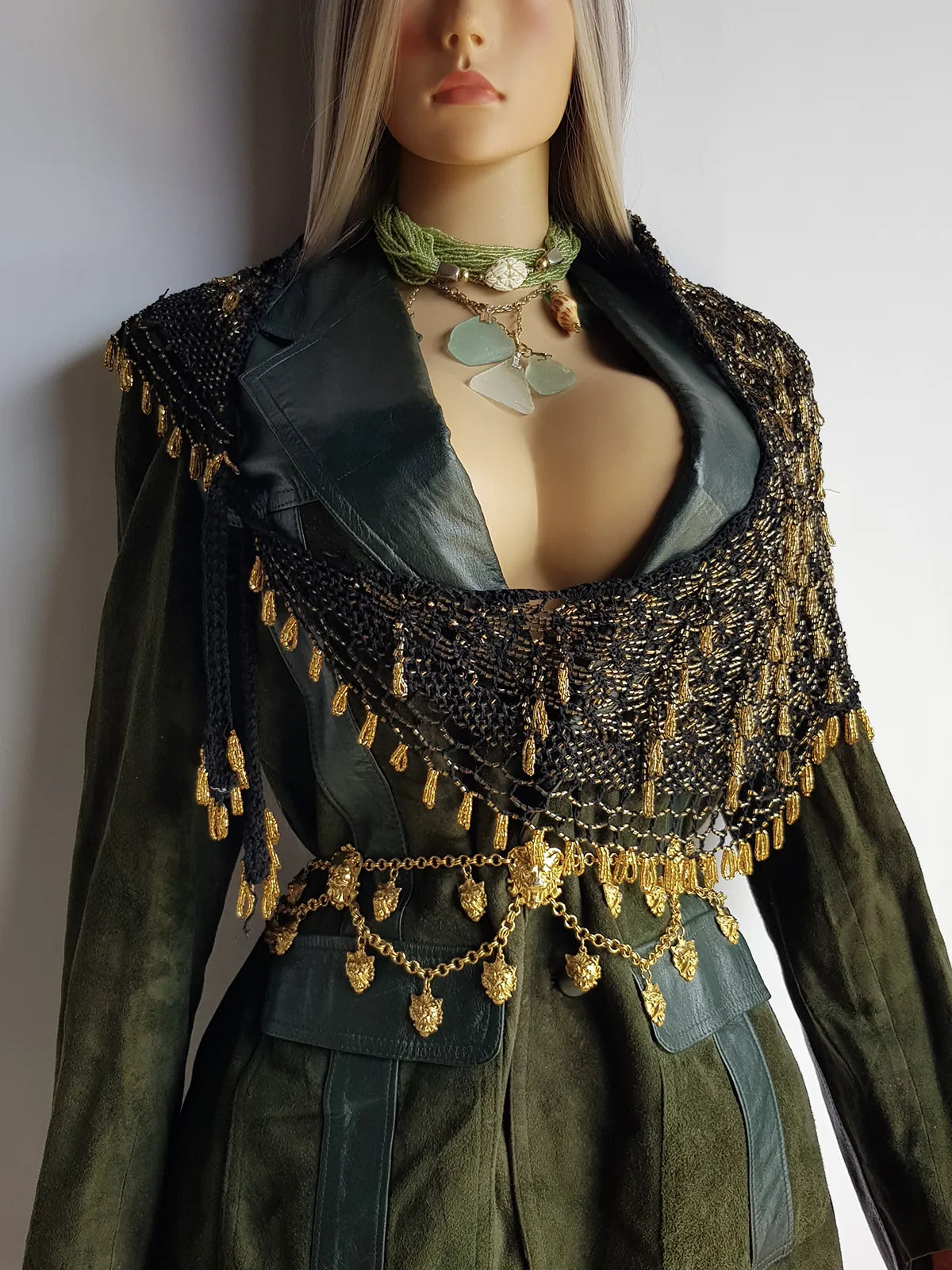 Insane 1970s Handmade Crochet Beaded Party Top / Skirt / Wrap - Tie at neck - Studio 54 - Black Crochet & Gold Beading