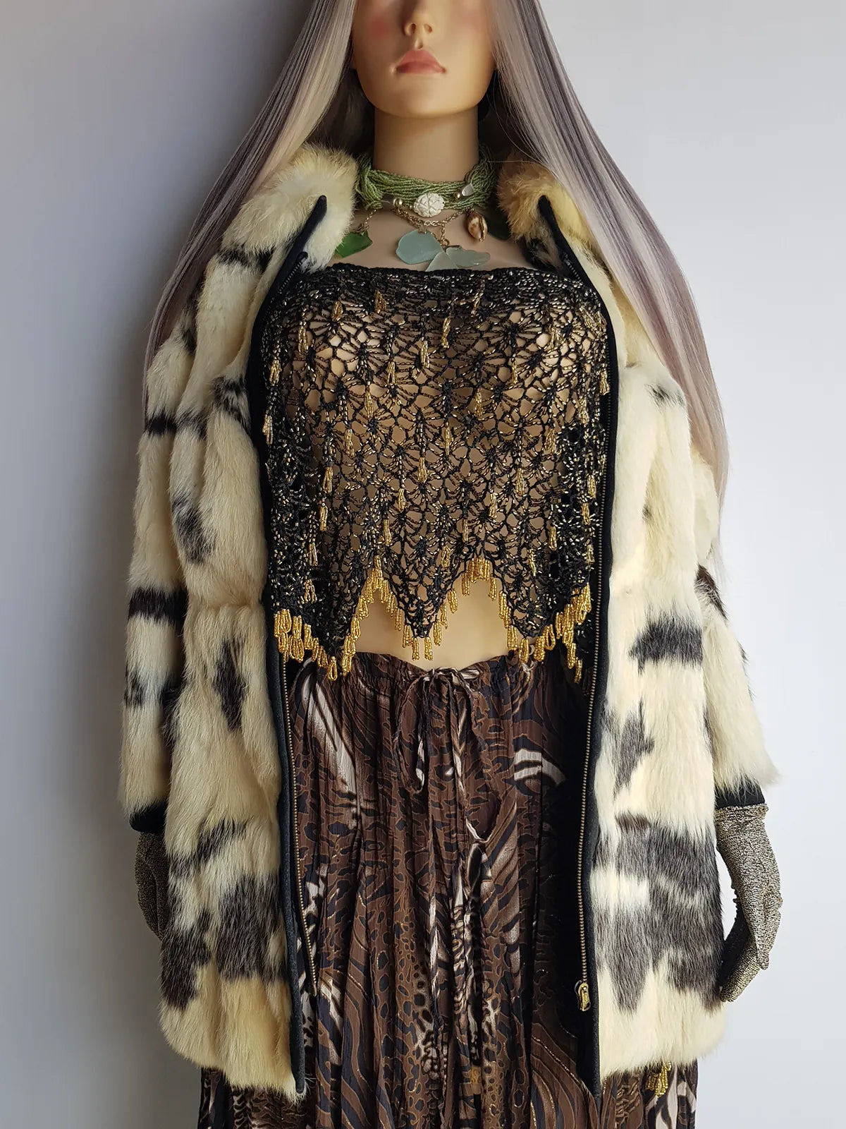 1960s Italian Vintage Rabbit Coat - Suede Features- Super Plush & Soft - Caramel Cream & Dusky Grey Colours