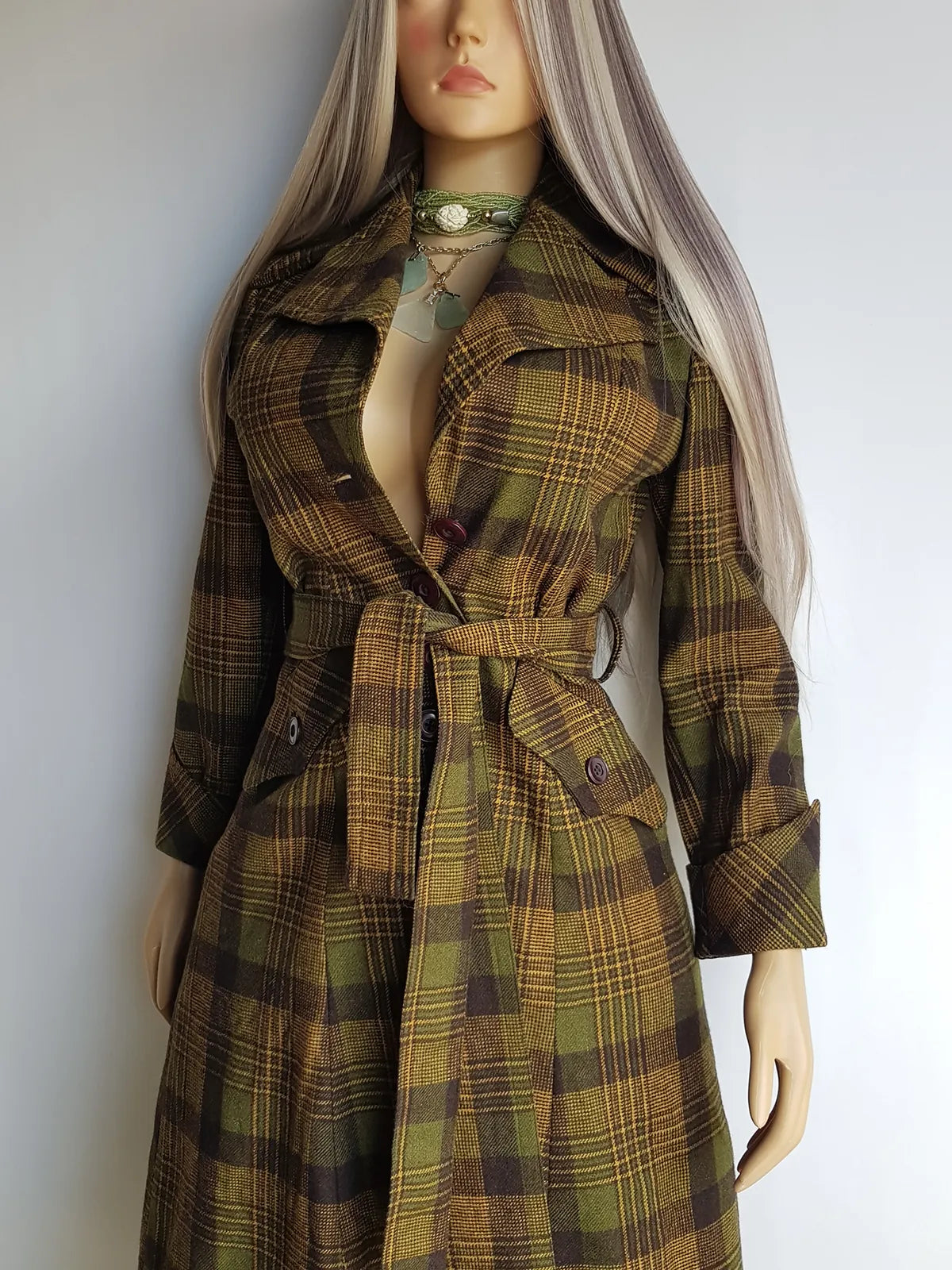 1970s Couture Tailoring Plaid Wool Coat - Absolute Perfection - Very Vivienne Westwood Style- Olive Green Mustard Tones - Stiff Collar & Beautifully Cut Pockets