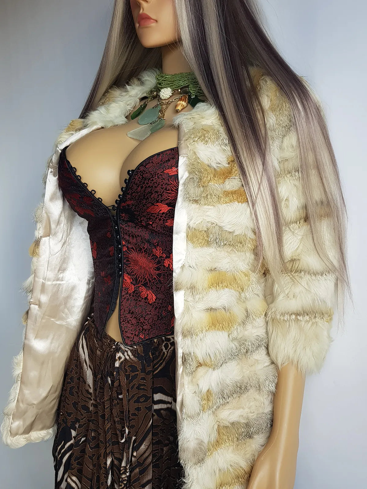 1960s Vintage Fox Fur & Curly Lamswool Coat - Very Light with Super Soft Contrasting Layers of Fur - Cream & Caramel Brown Tones - Elbow Length Sleeves