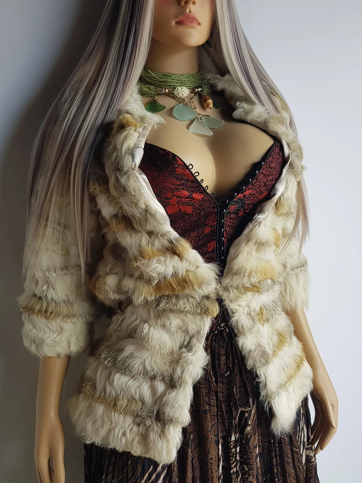 1960s Vintage Fox Fur & Curly Lamswool Coat - Very Light with Super Soft Contrasting Layers of Fur - Cream & Caramel Brown Tones - Elbow Length Sleeves