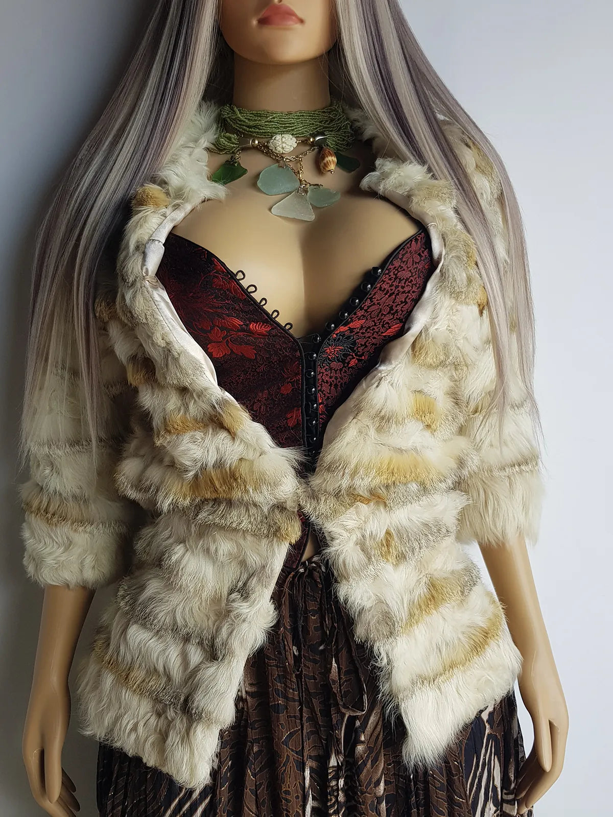 1960s Vintage Fox Fur & Curly Lamswool Coat - Very Light with Super Soft Contrasting Layers of Fur - Cream & Caramel Brown Tones - Elbow Length Sleeves