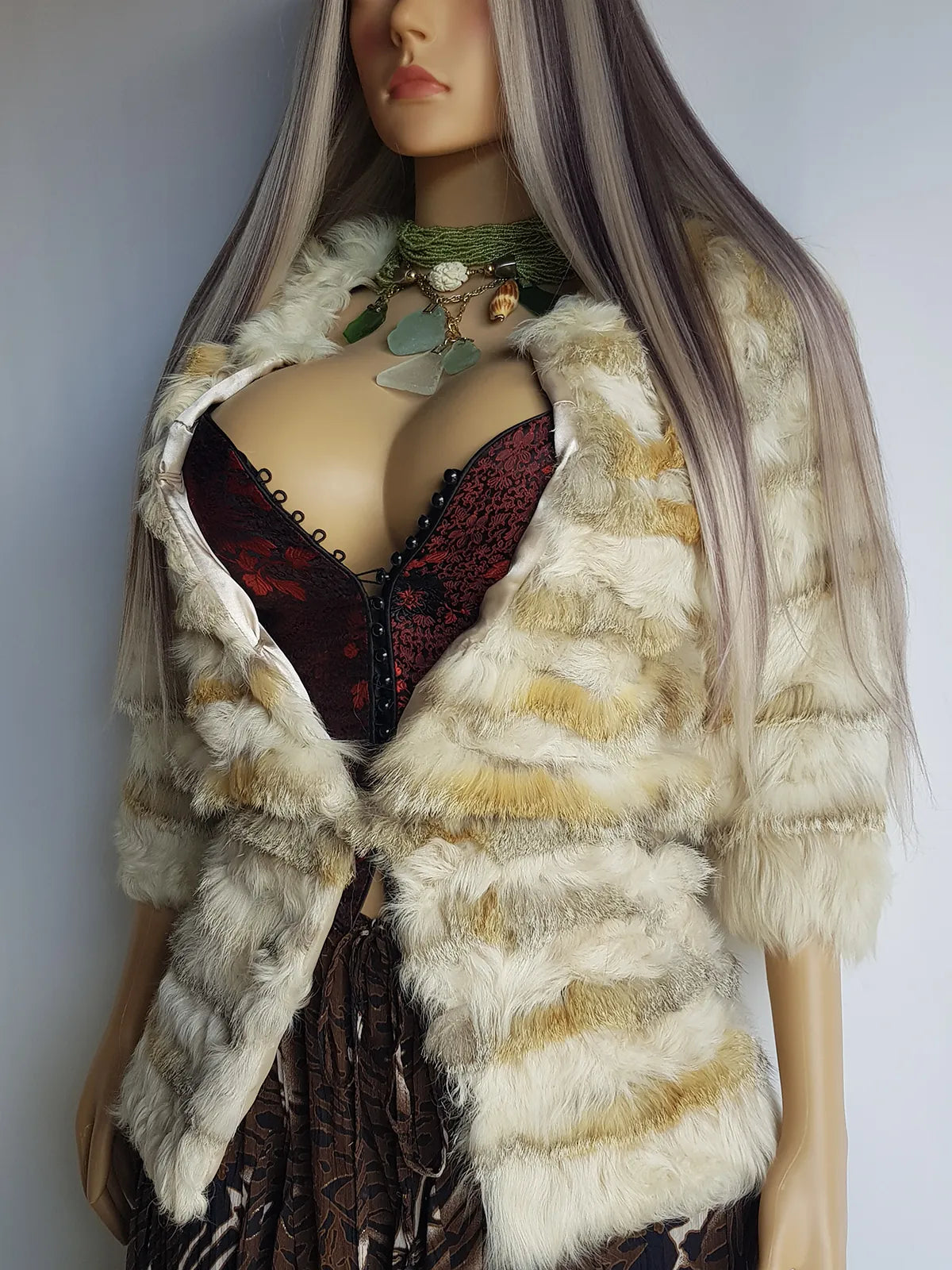 1960s Vintage Fox Fur & Curly Lamswool Coat - Very Light with Super Soft Contrasting Layers of Fur - Cream & Caramel Brown Tones - Elbow Length Sleeves