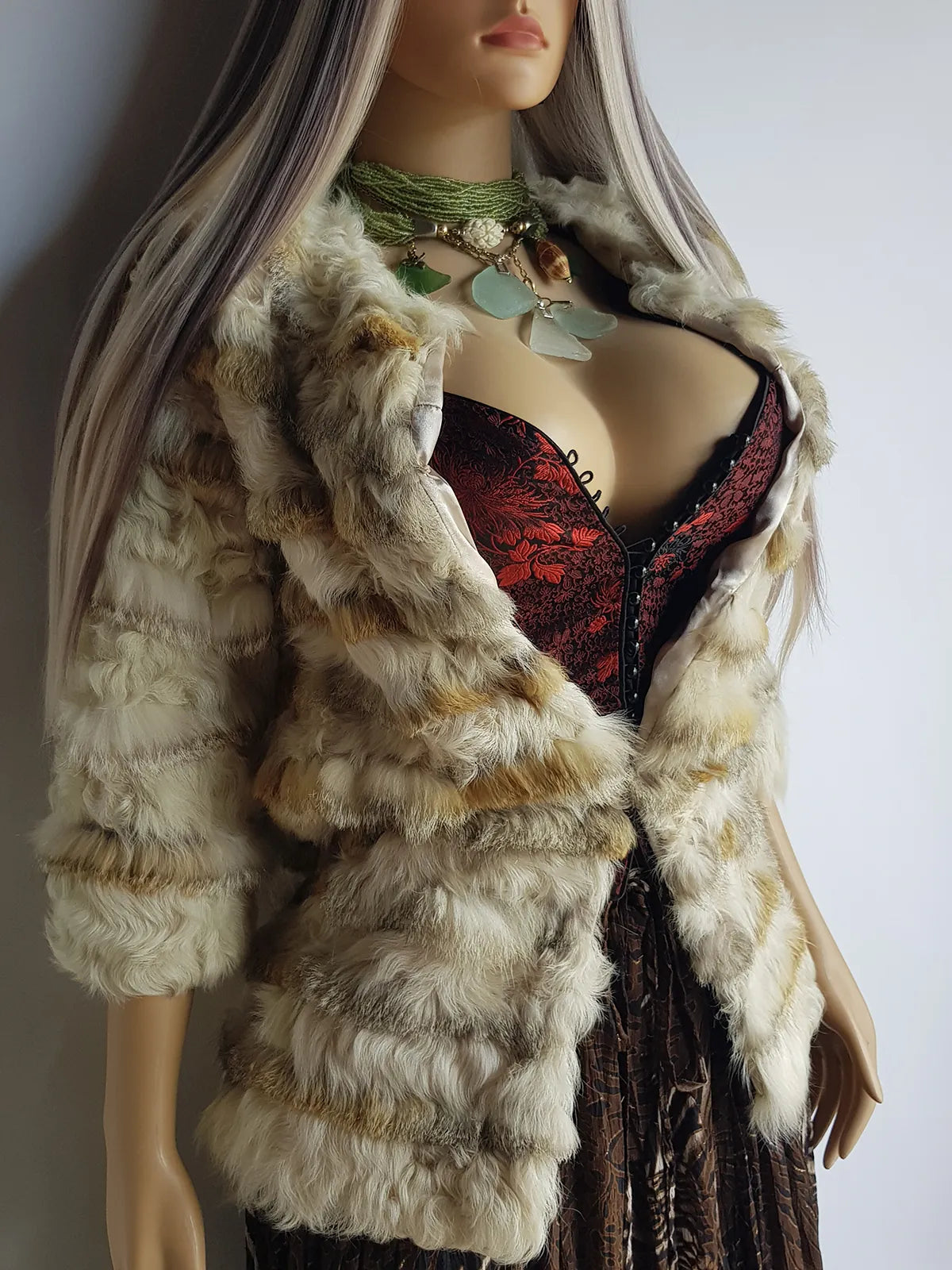 1960s Vintage Fox Fur & Curly Lamswool Coat - Very Light with Super Soft Contrasting Layers of Fur - Cream & Caramel Brown Tones - Elbow Length Sleeves