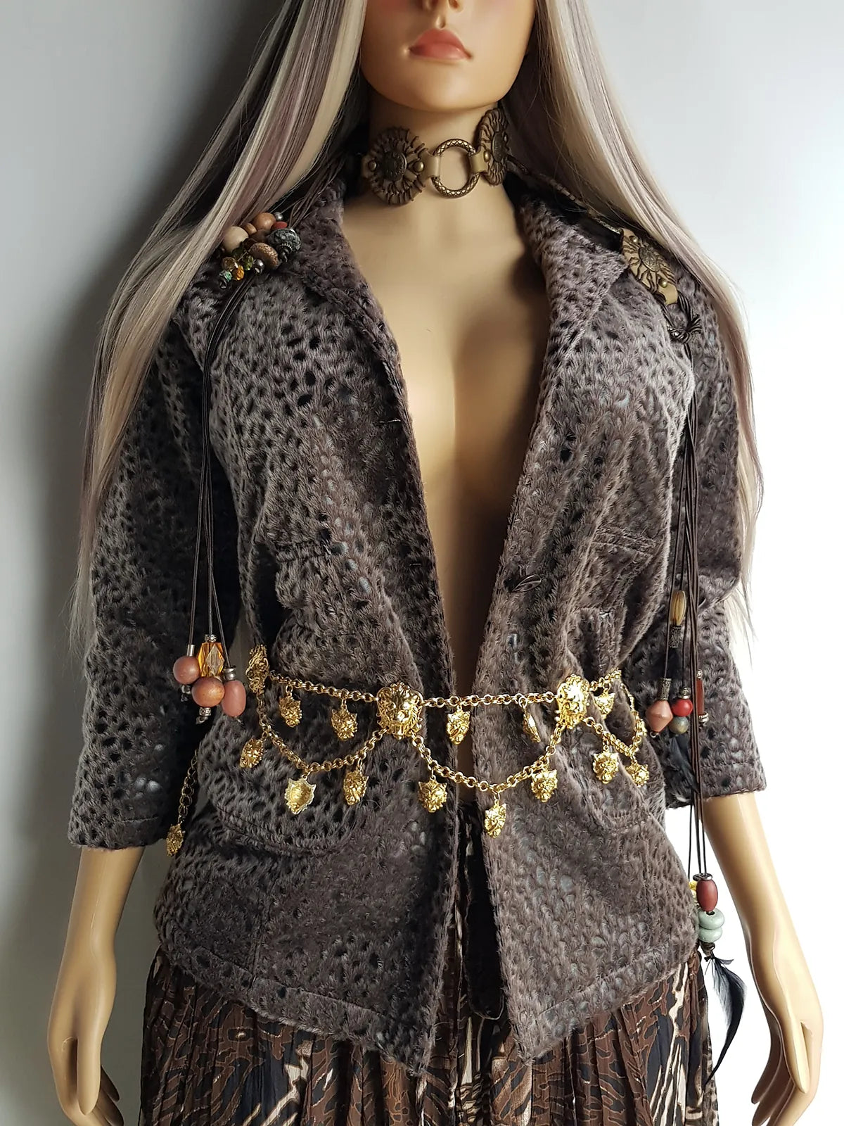 Vintage Vegan Fur Rockstar Bohemian Jacket with Cheetah Print - Gunmetal Grey - Furry Lining & Button Closure