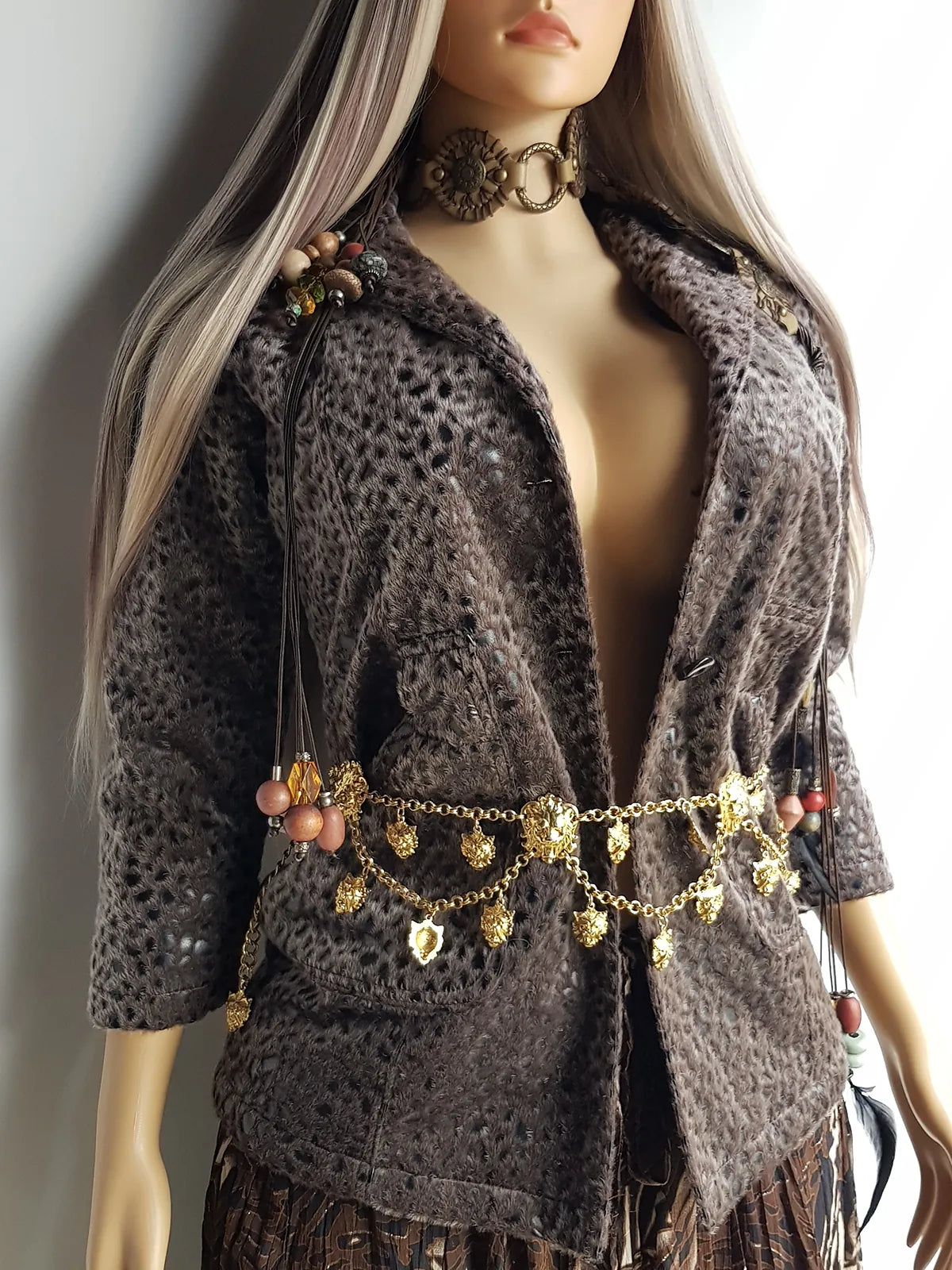 Vintage Vegan Fur Rockstar Bohemian Jacket with Cheetah Print - Gunmetal Grey - Furry Lining & Button Closure