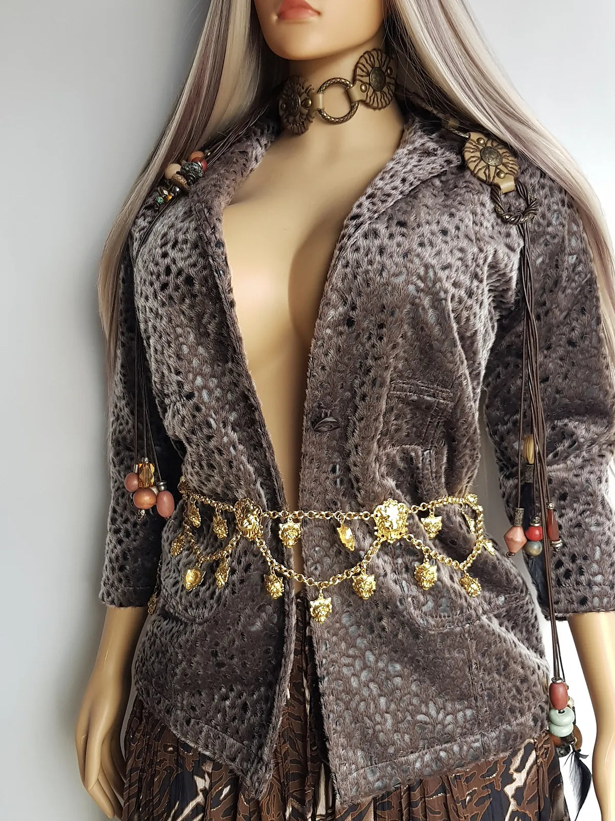 Vintage Vegan Fur Rockstar Bohemian Jacket with Cheetah Print - Gunmetal Grey - Furry Lining & Button Closure