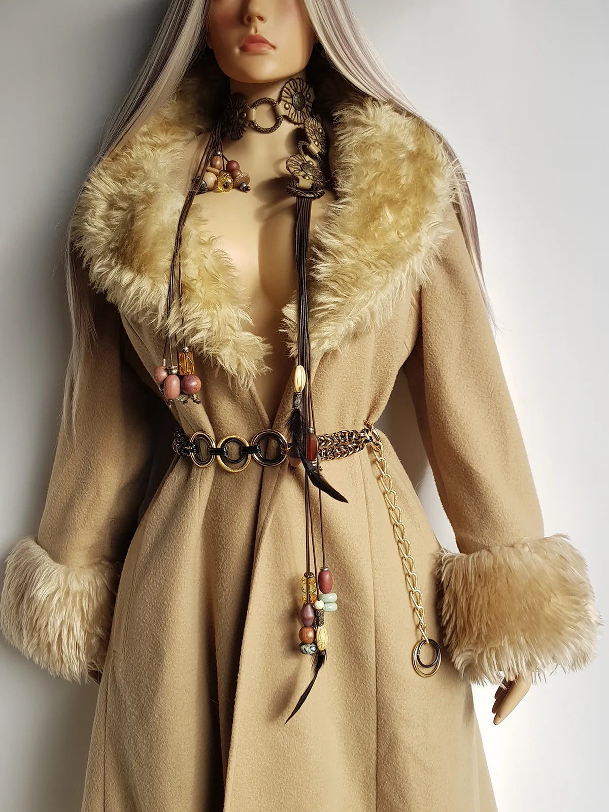 Absolute Knockout Penny Lane Princess Coat - Incredible Hourglass Shape - Camel Tones - Wool with Vegan Fur Collar & Cuffs