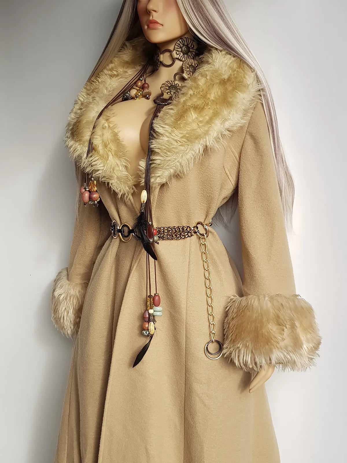 Absolute Knockout Penny Lane Princess Coat - Incredible Hourglass Shape - Camel Tones - Wool with Vegan Fur Collar & Cuffs