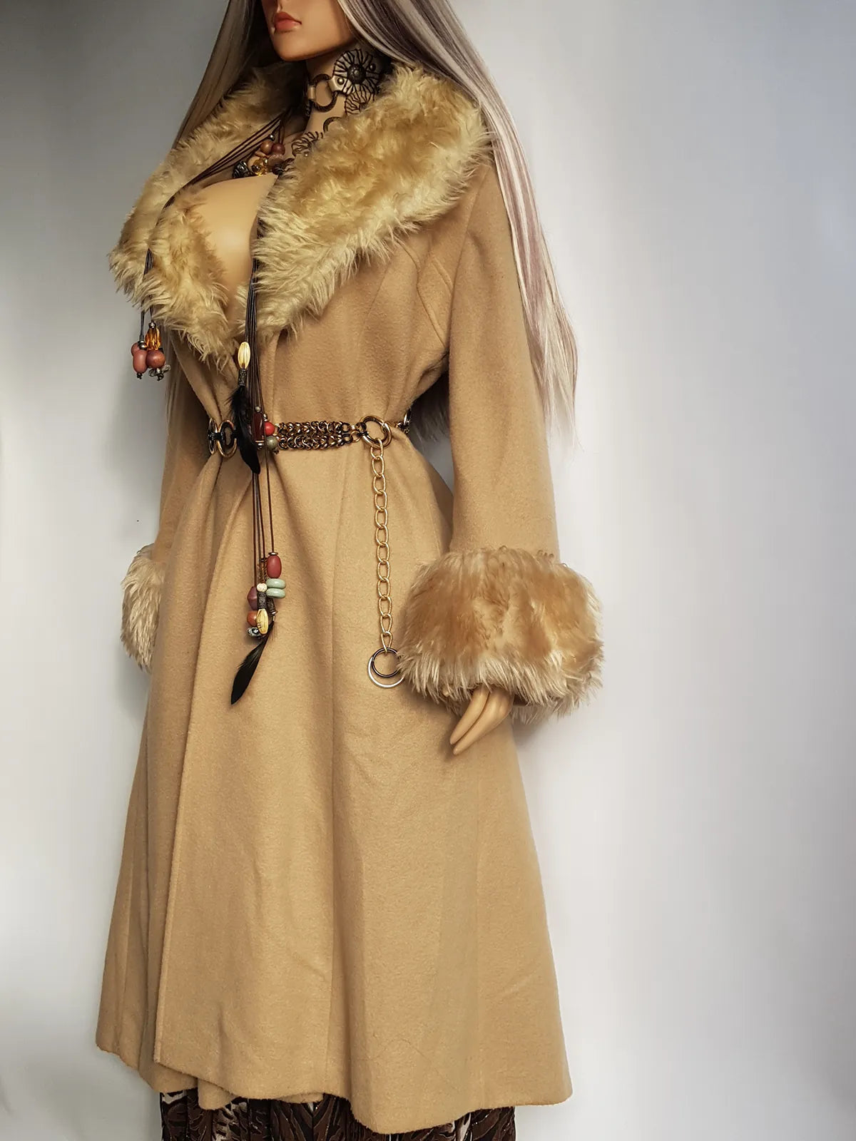 Absolute Knockout Penny Lane Princess Coat - Incredible Hourglass Shape - Camel Tones - Wool with Vegan Fur Collar & Cuffs