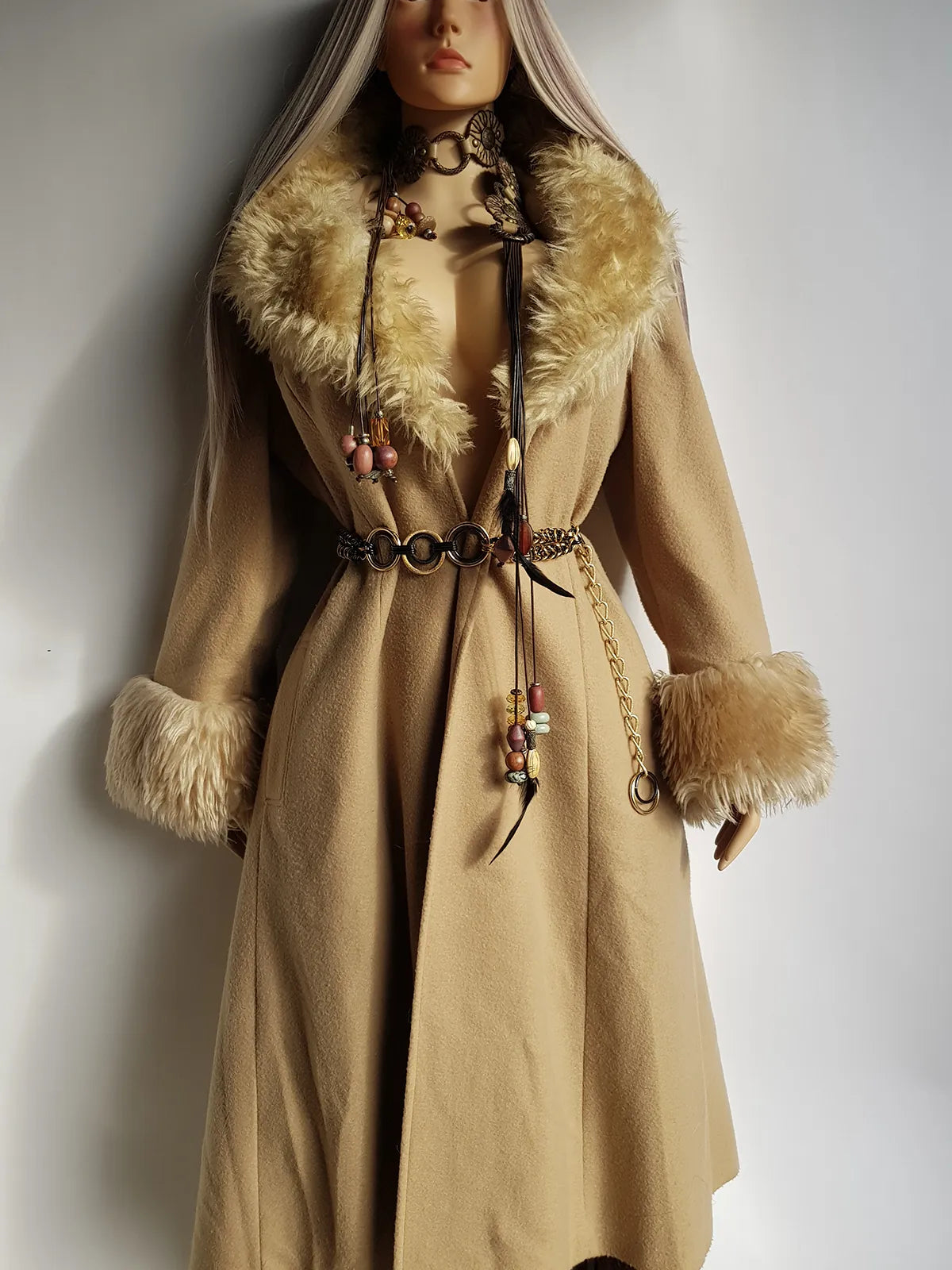 Absolute Knockout Penny Lane Princess Coat - Incredible Hourglass Shape - Camel Tones - Wool with Vegan Fur Collar & Cuffs
