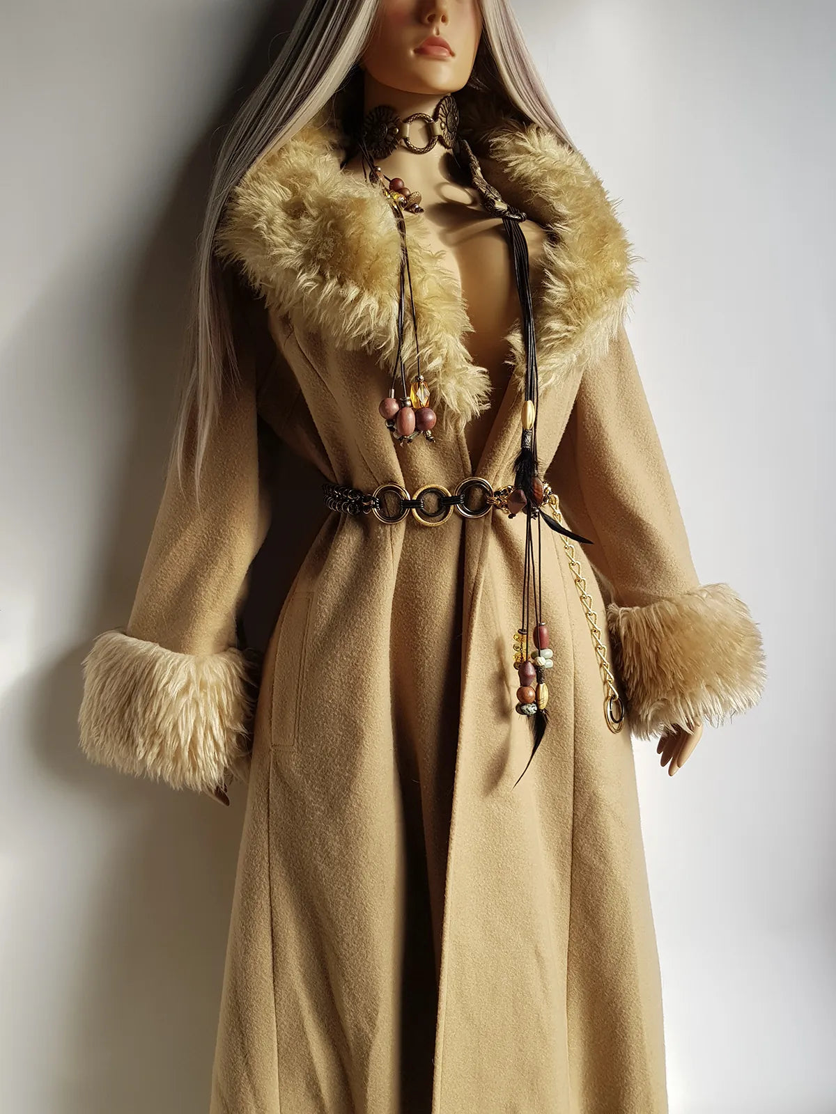 Absolute Knockout Penny Lane Princess Coat - Incredible Hourglass Shape - Camel Tones - Wool with Vegan Fur Collar & Cuffs
