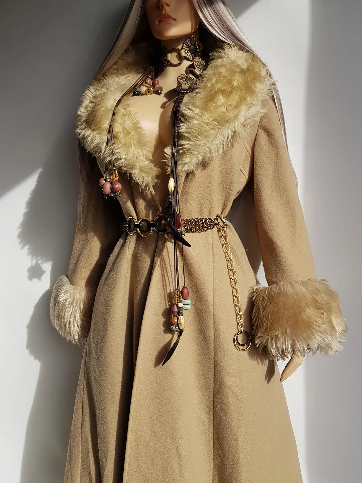 Absolute Knockout Penny Lane Princess Coat - Incredible Hourglass Shape - Camel Tones - Wool with Vegan Fur Collar & Cuffs