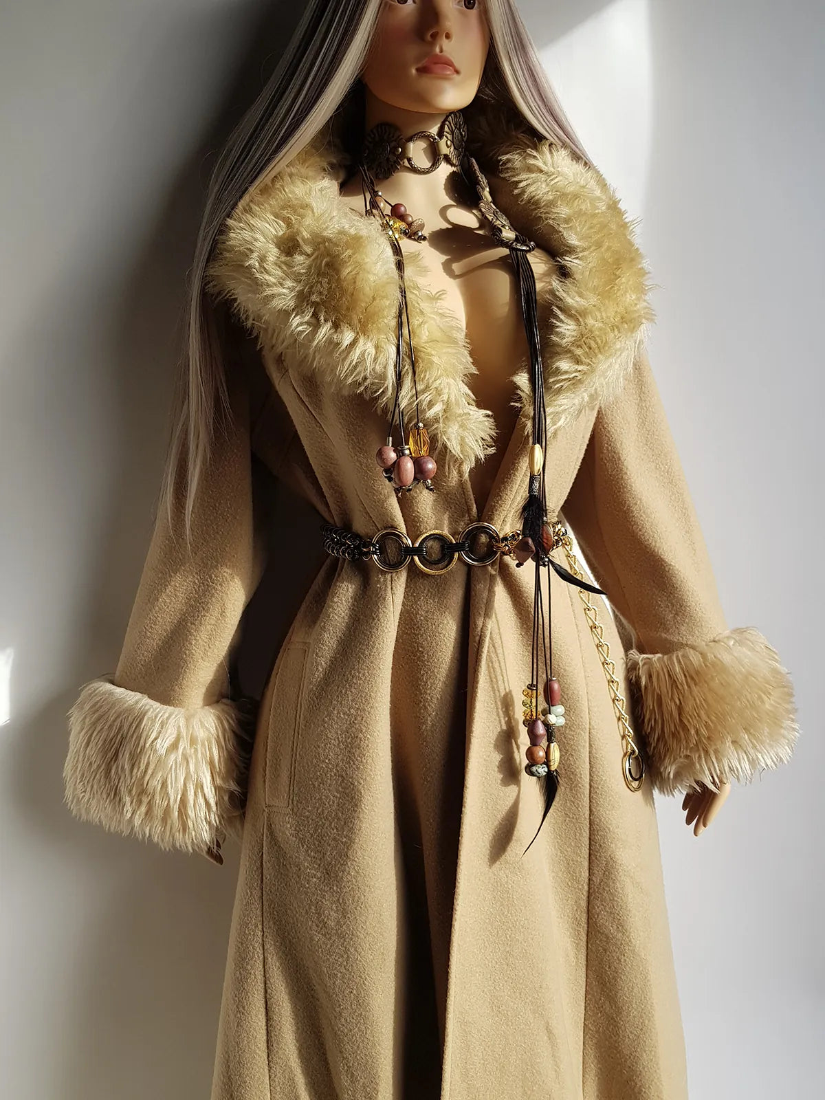 Absolute Knockout Penny Lane Princess Coat - Incredible Hourglass Shape - Camel Tones - Wool with Vegan Fur Collar & Cuffs