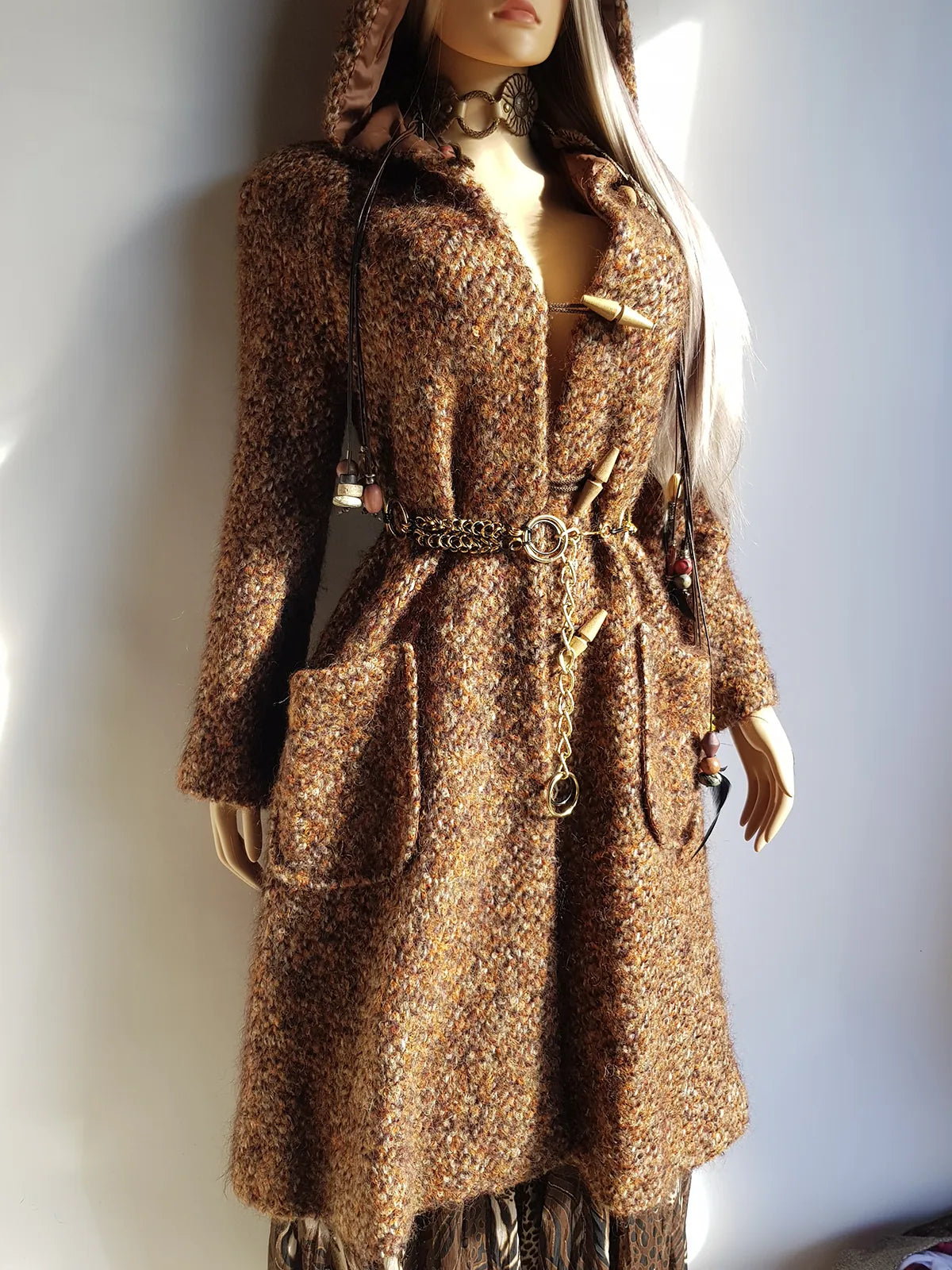 1950s Incredible Hooded Coat in Burnt Tobacco with Toggle Clasps - Fully Lined - Handmade Mohair Wool Knit