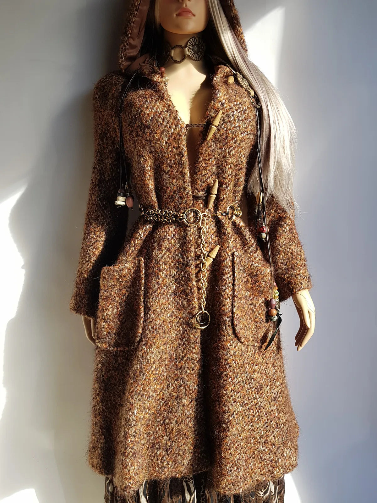 1950s Incredible Hooded Coat in Burnt Tobacco with Toggle Clasps - Fully Lined - Handmade Mohair Wool Knit
