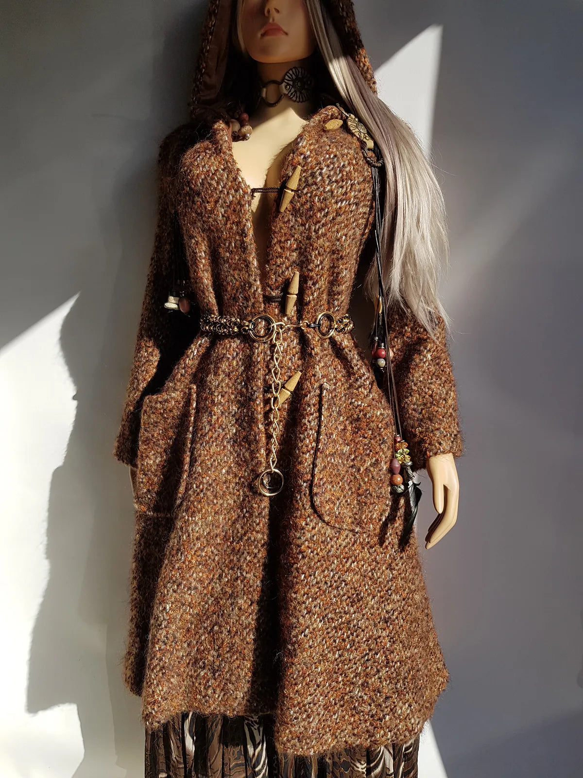 1950s Incredible Hooded Coat in Burnt Tobacco with Toggle Clasps - Fully Lined - Handmade Mohair Wool Knit