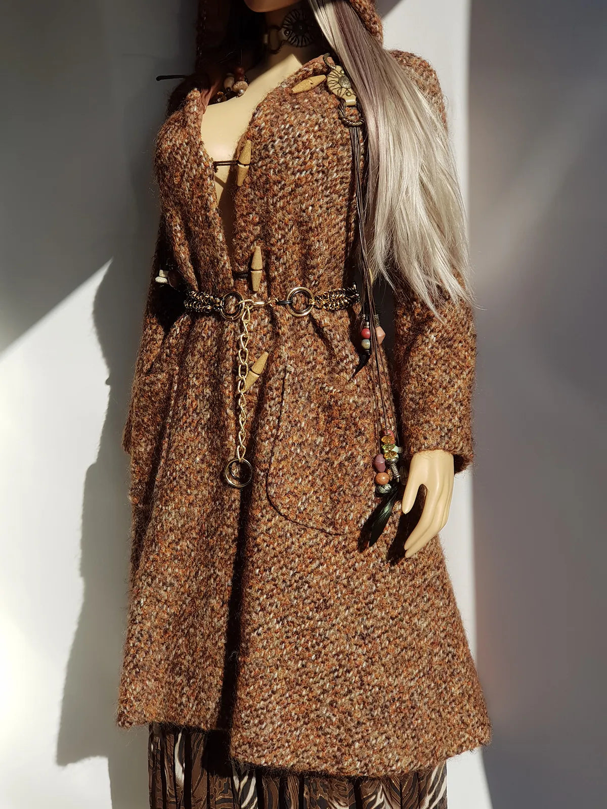 1950s Incredible Hooded Coat in Burnt Tobacco with Toggle Clasps - Fully Lined - Handmade Mohair Wool Knit