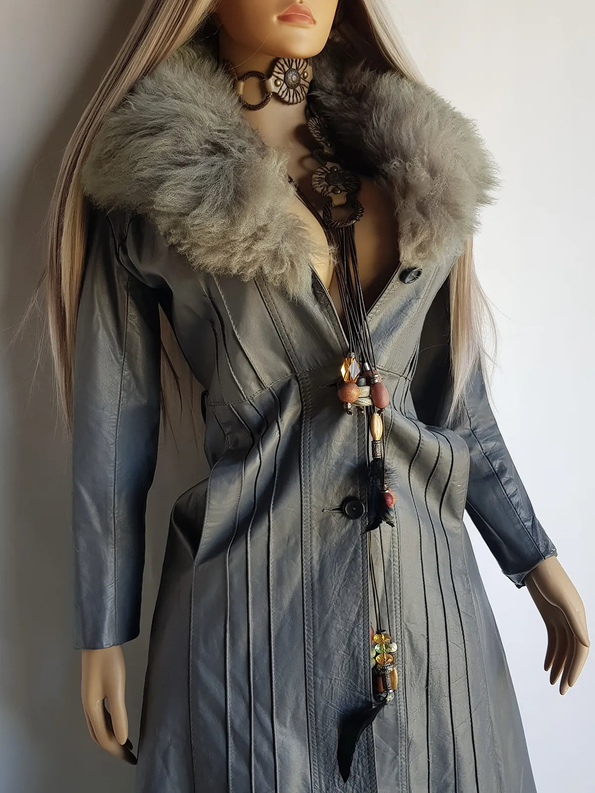 1970s Grey Spy Coat with Fur Collar - Penny Lane Almost Famous Leather Coat - Beautiful Leather Panelling & Perfect Knee Length