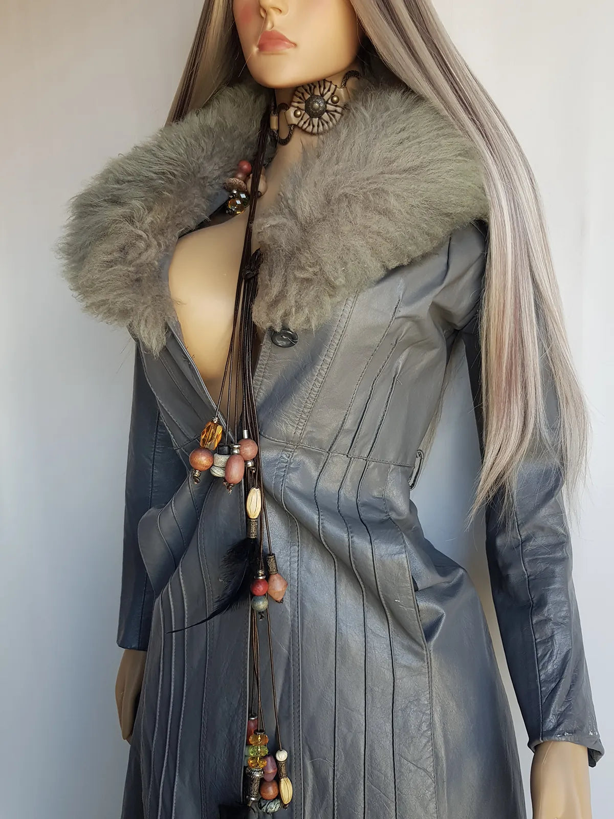 1970s Grey Spy Coat with Fur Collar - Penny Lane Almost Famous Leather Coat - Beautiful Leather Panelling & Perfect Knee Length