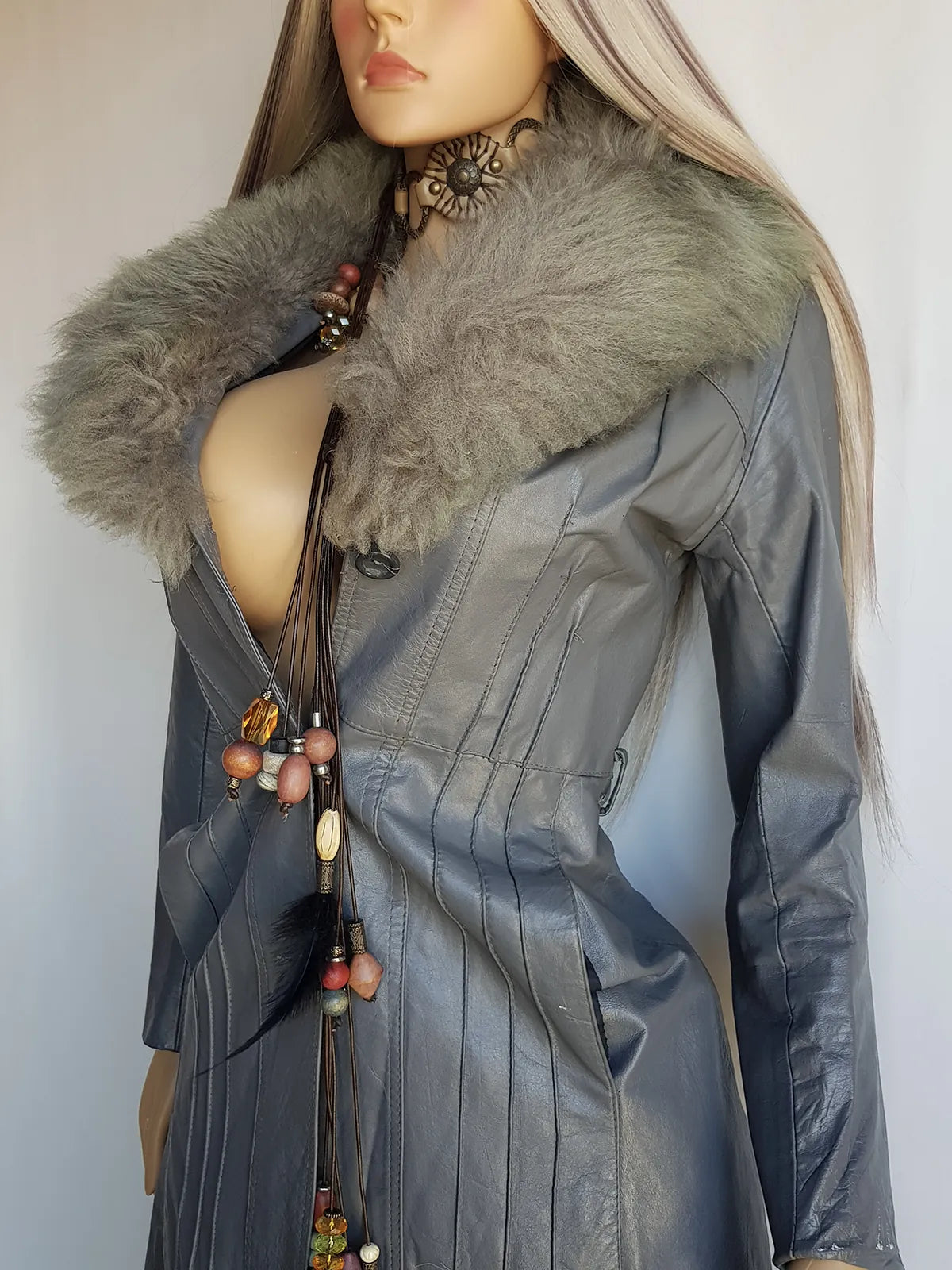 1970s Grey Spy Coat with Fur Collar - Penny Lane Almost Famous Leather Coat - Beautiful Leather Panelling & Perfect Knee Length