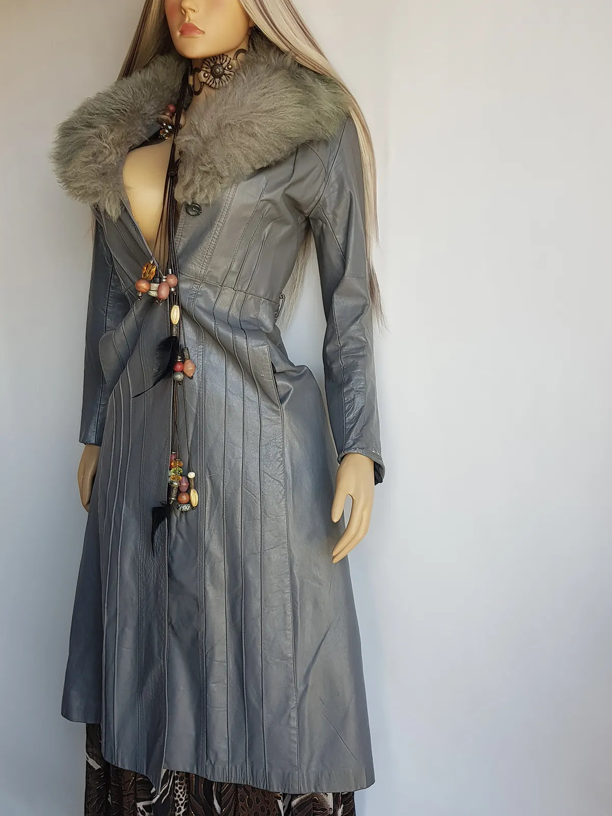 1970s Grey Spy Coat with Fur Collar - Penny Lane Almost Famous Leather Coat - Beautiful Leather Panelling & Perfect Knee Length