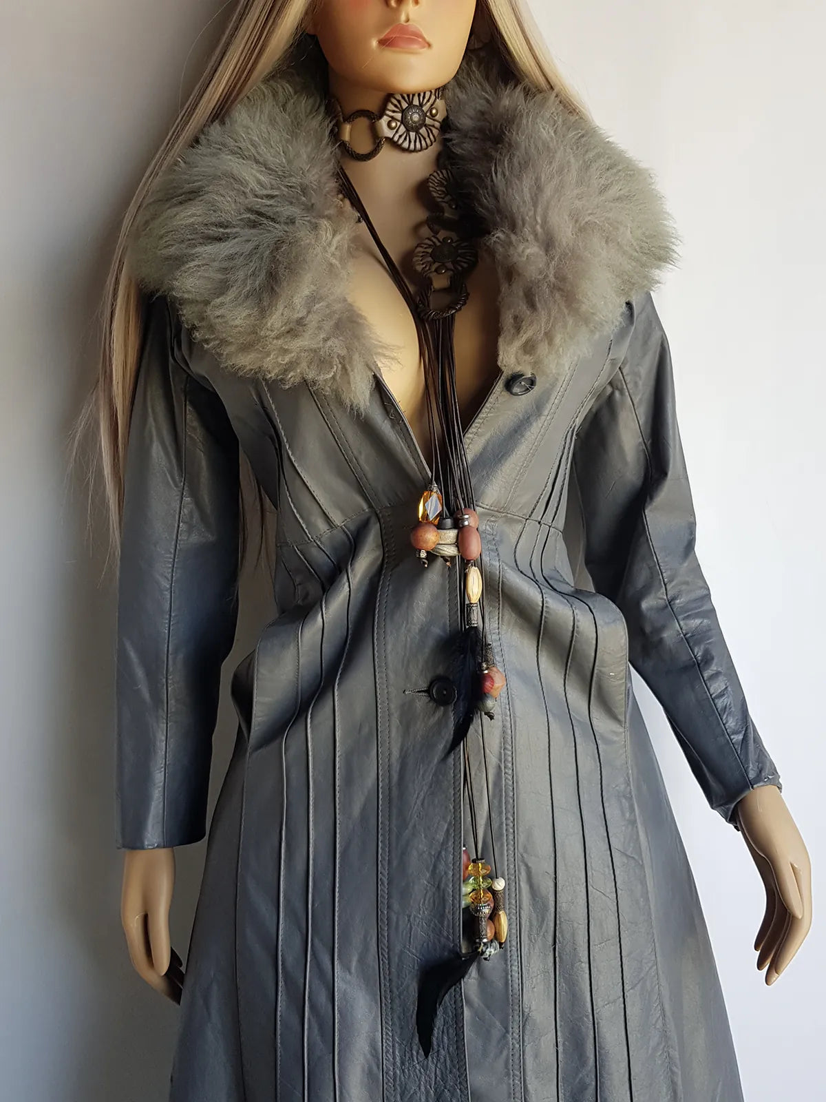 1970s Grey Spy Coat with Fur Collar - Penny Lane Almost Famous Leather Coat - Beautiful Leather Panelling & Perfect Knee Length