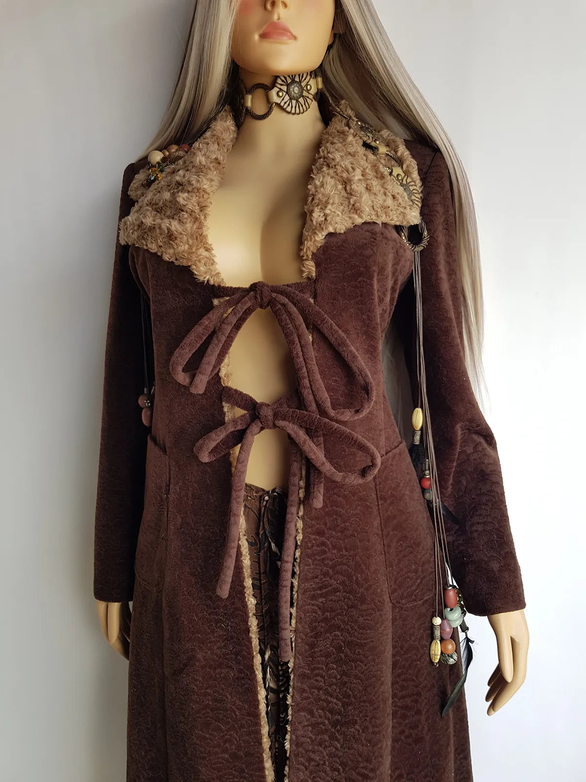 Perfect 1970s Vintage Rockstar Bohemian Coat - Hourglass Shape - Vegan - Insanely Cool - Double Tie Front & Large Feature Collar