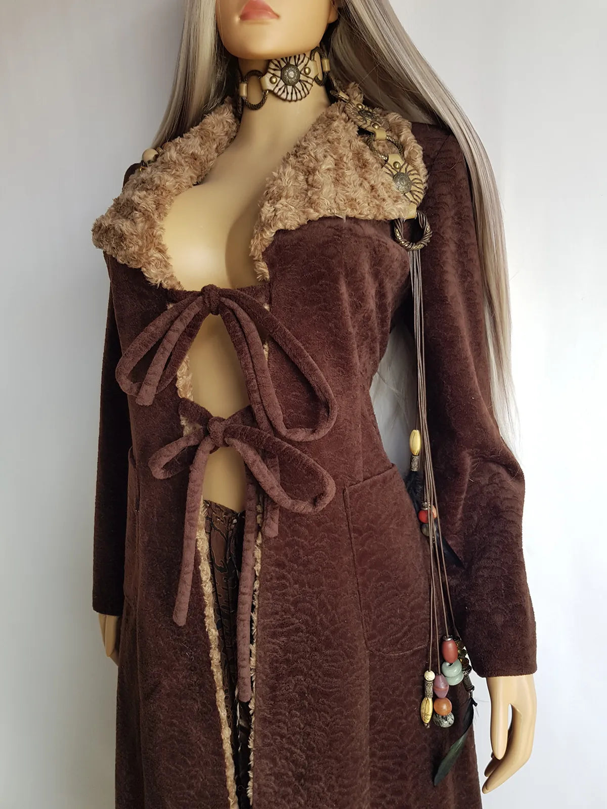 Perfect 1970s Vintage Rockstar Bohemian Coat - Hourglass Shape - Vegan - Insanely Cool - Double Tie Front & Large Feature Collar