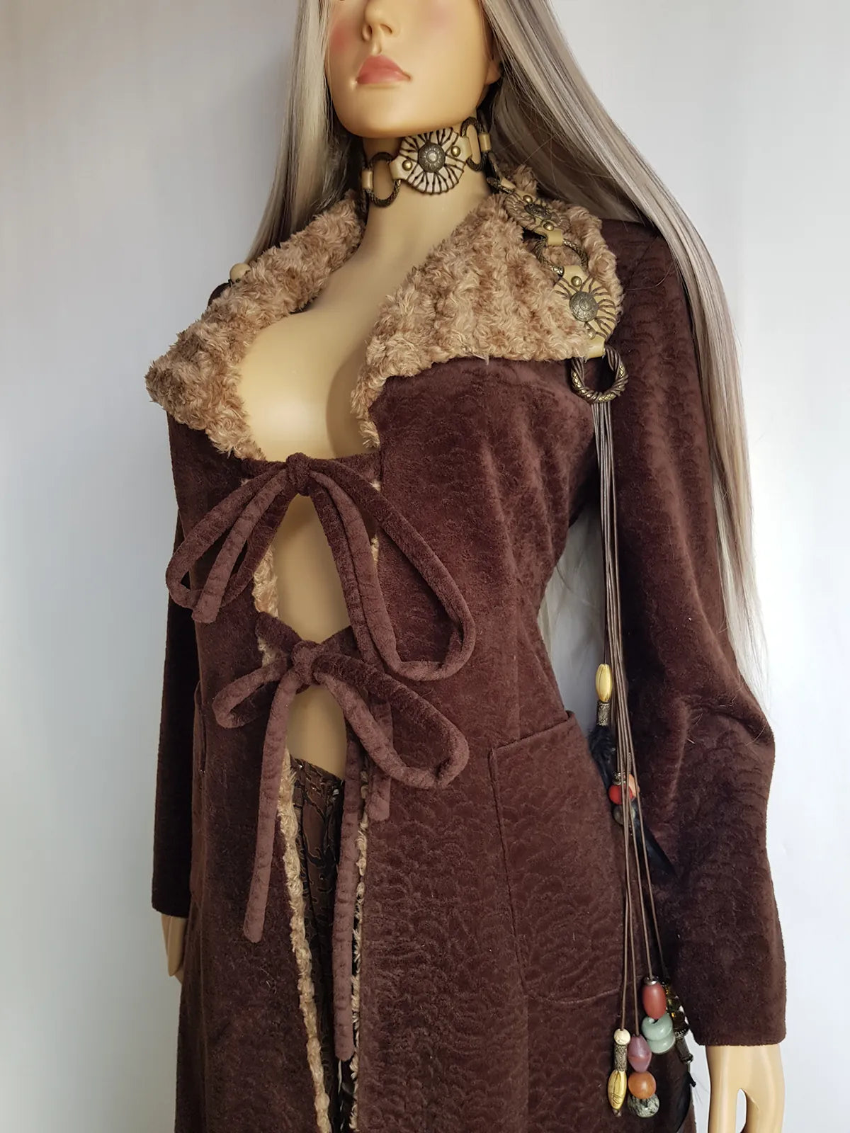 Perfect 1970s Vintage Rockstar Bohemian Coat - Hourglass Shape - Vegan - Insanely Cool - Double Tie Front & Large Feature Collar