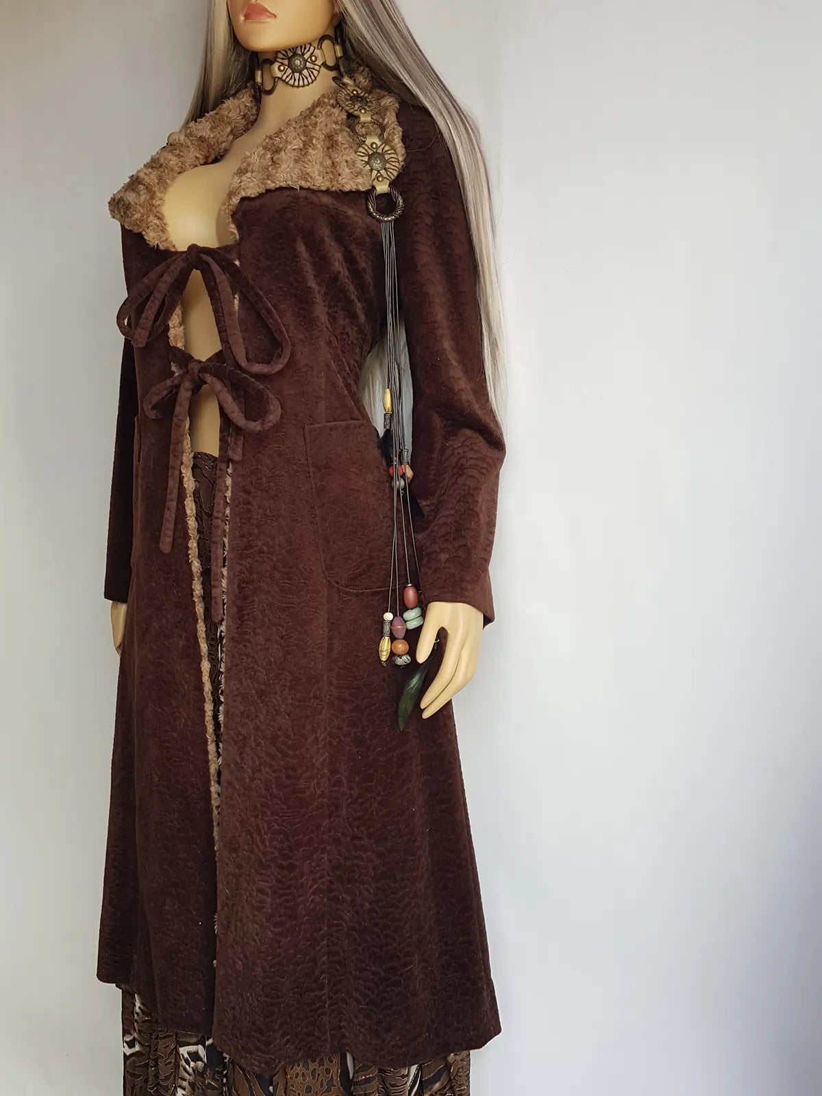 Perfect 1970s Vintage Rockstar Bohemian Coat - Hourglass Shape - Vegan - Insanely Cool - Double Tie Front & Large Feature Collar