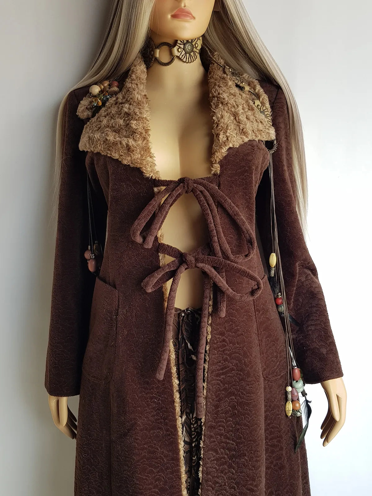 Perfect 1970s Vintage Rockstar Bohemian Coat - Hourglass Shape - Vegan - Insanely Cool - Double Tie Front & Large Feature Collar