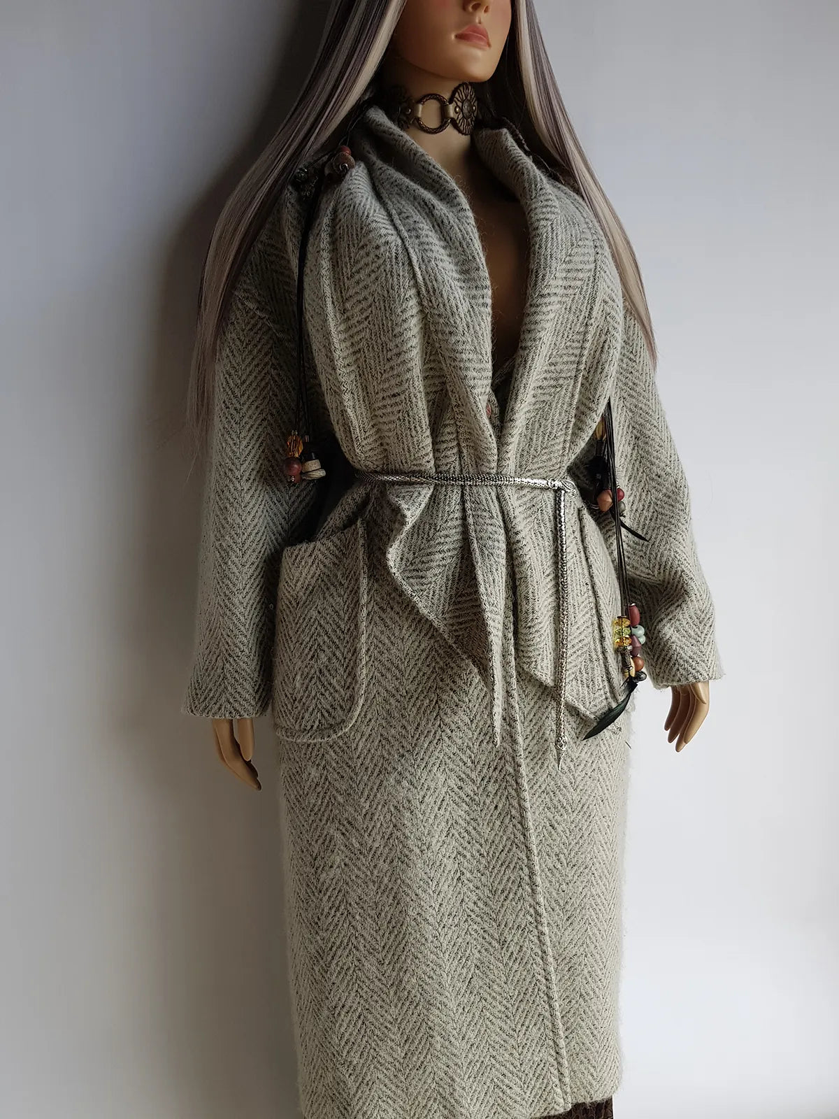 Vintage Chic Wool Coat in Very Light Soft Grey - 3/4 Length - Scarf Tie Neck that can be worn multiple ways - Button Closure - Pockets - Fully Lined
