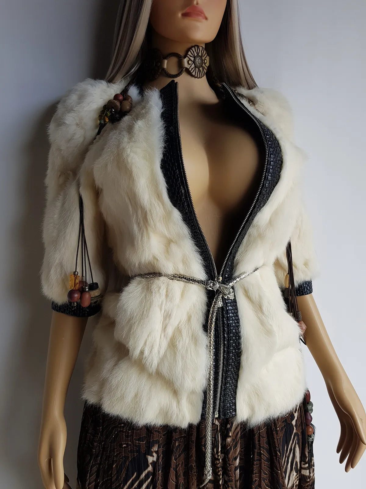 2000s Vintage Authentic White Rabbit Coat with Black Braided Leather Feature Detailing - Short Sleeves & fully lined