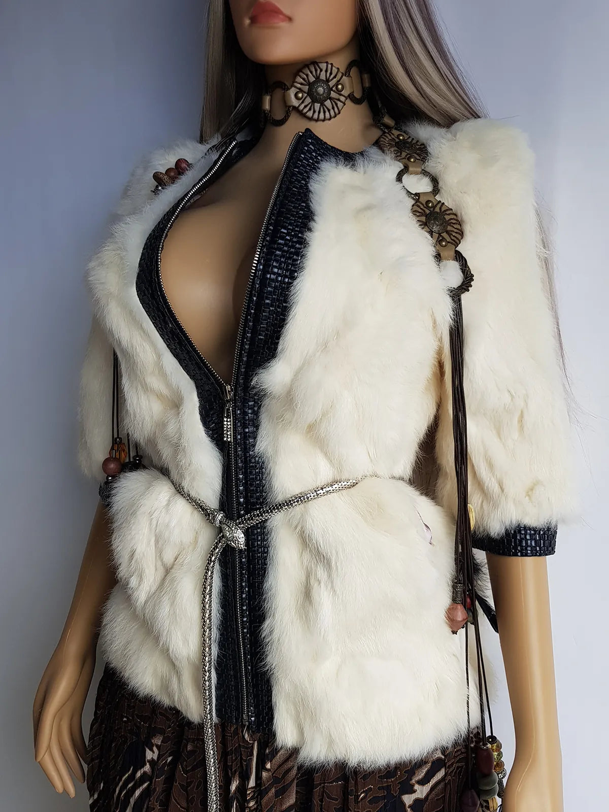 2000s Vintage Authentic White Rabbit Coat with Black Braided Leather Feature Detailing - Short Sleeves & fully lined