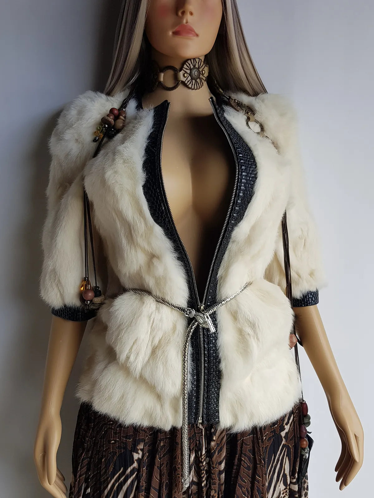2000s Vintage Authentic White Rabbit Coat with Black Braided Leather Feature Detailing - Short Sleeves & fully lined